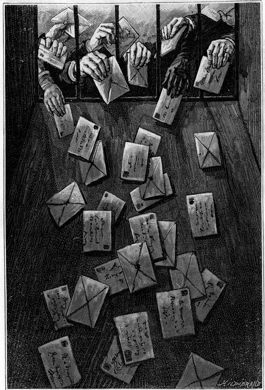 Pariser deponieren ihre Post im Hauptpostamt in der Rue de Louvre vor dem letzten Morgen. Gravur im Journal „La jeunesse“. von Unknown artist