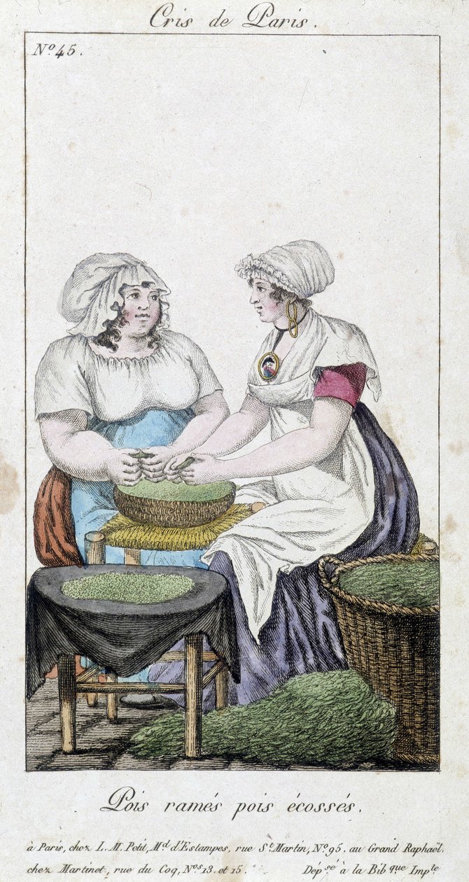 Erbsenhändler: zwei Frauen schälen Erbsen - in „Cris de Paris“, Anfang des 19. Jahrhunderts von Unknown artist