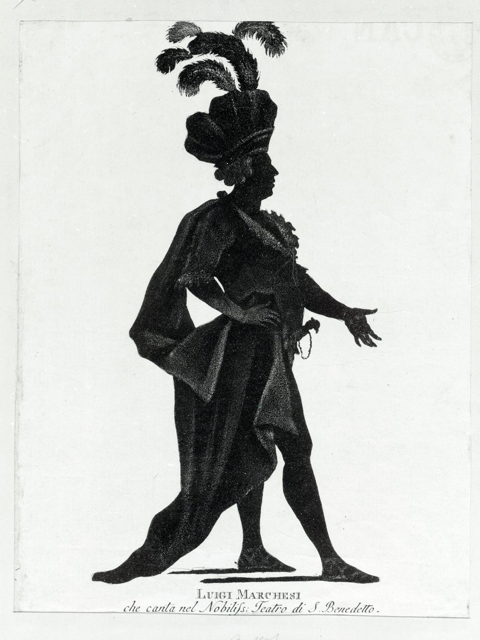 Auftritt des italienischen Kastraten Luigi Marchesi (1754 - 1829), auch bekannt als Marchesini, im Theater von San Benedetto. von Unknown artist