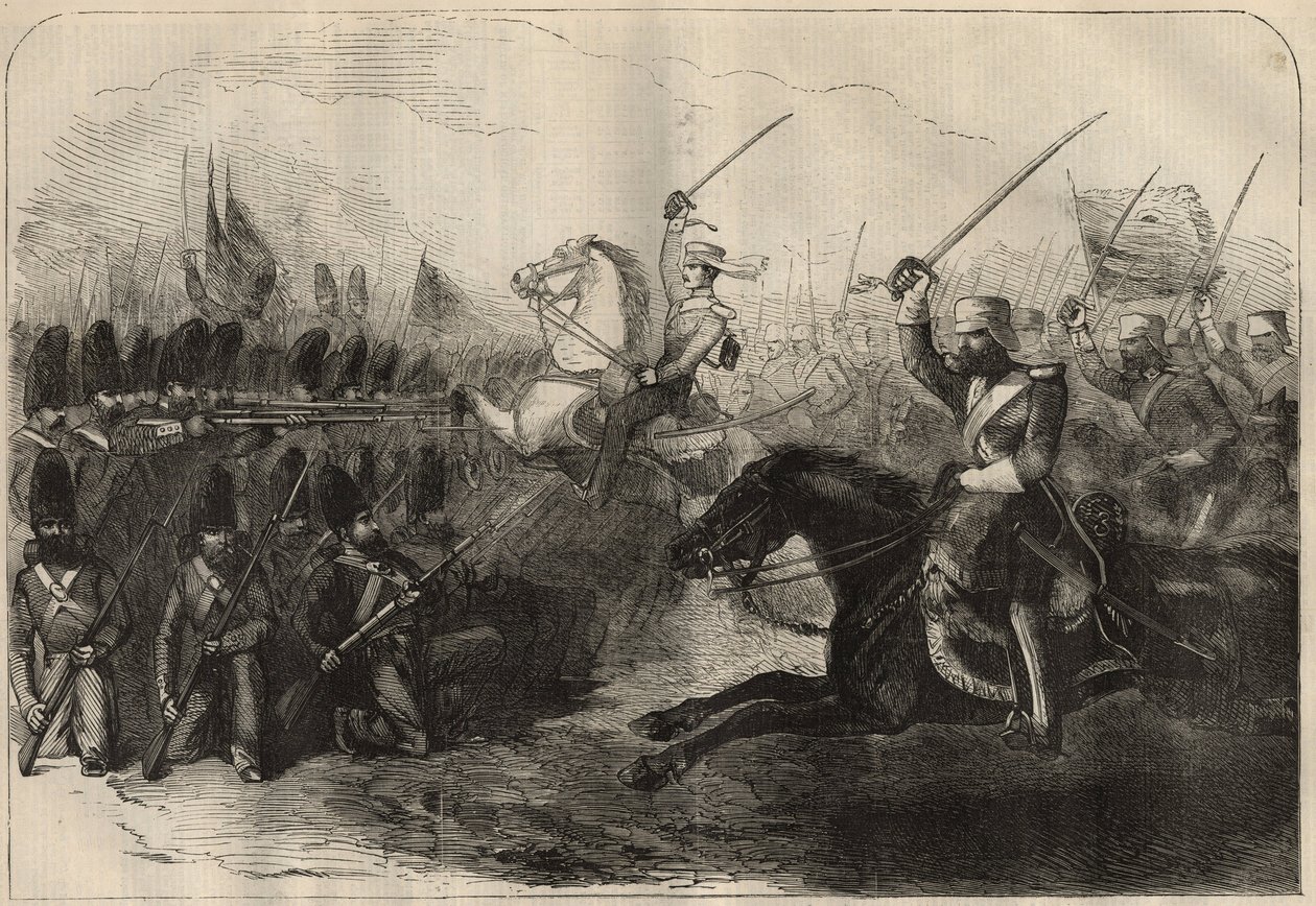 Persisch-Anglo-Krieg (1856-1857): Der Angriff der 3. britischen Indo-Kavallerie unter dem Kommando von Kapitän Forbes während der Schlacht von Koosh-Ab am 8. Februar. von Unknown artist