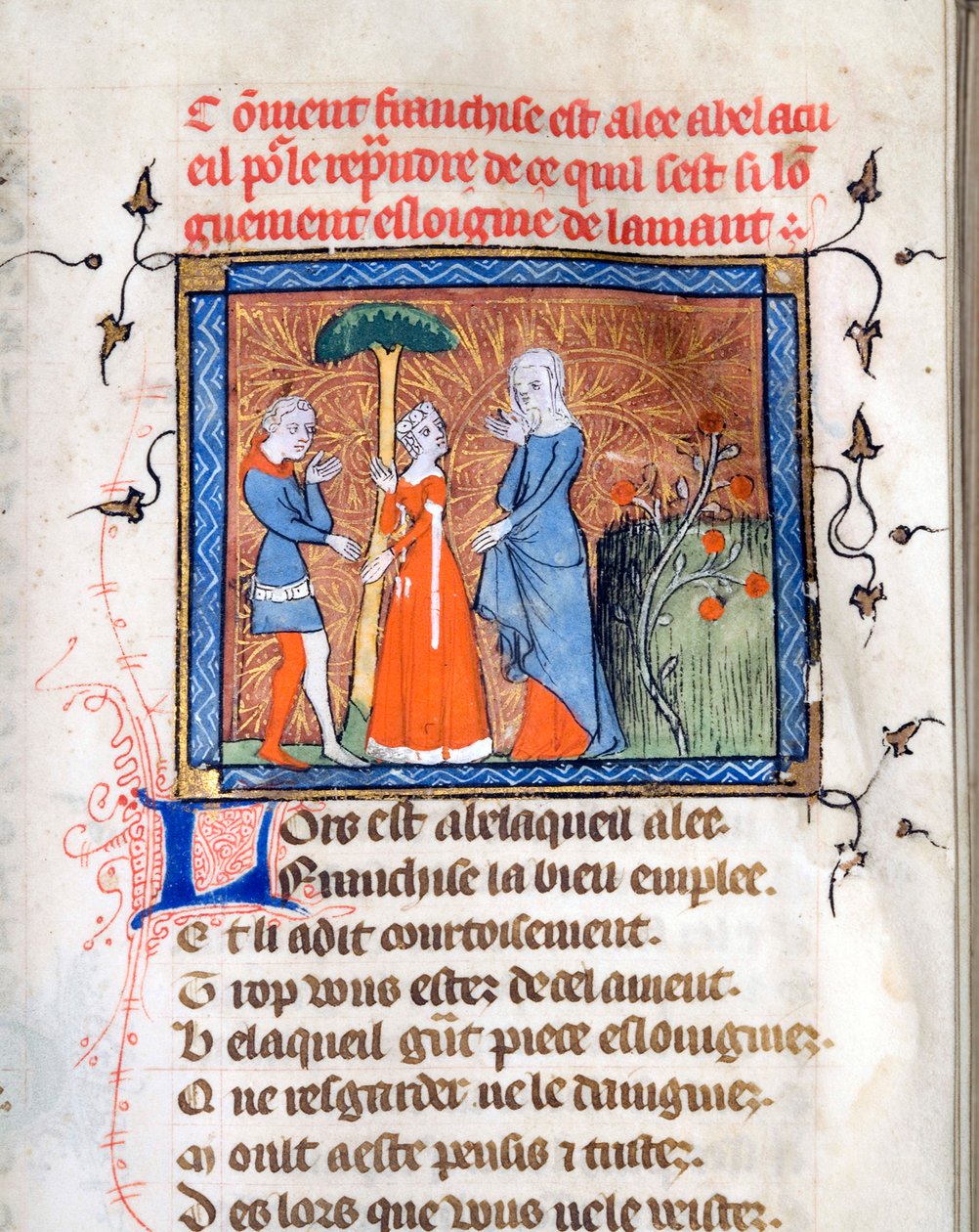 Personen im Gespräch, Seite aus dem Manuskript "Der Roman de la Rose" von Guillaume de Lorris und Jean de Meun von Unknown artist