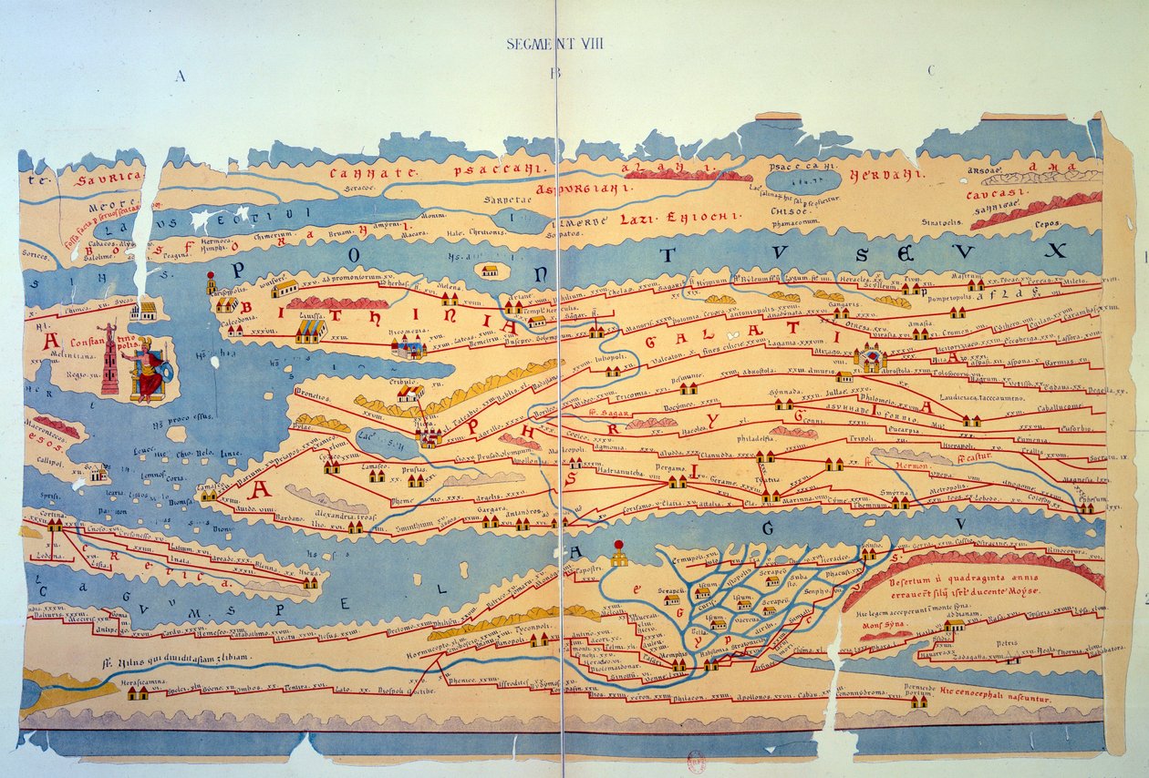 Peutinger Tafel, Darstellung der römischen Wege in Ägypten und der Türkei. Straßenkarte des 13. Jahrhunderts basierend auf einer Karte des Römischen Reiches aus dem 3. Jahrhundert. Paris, BN von Unknown artist