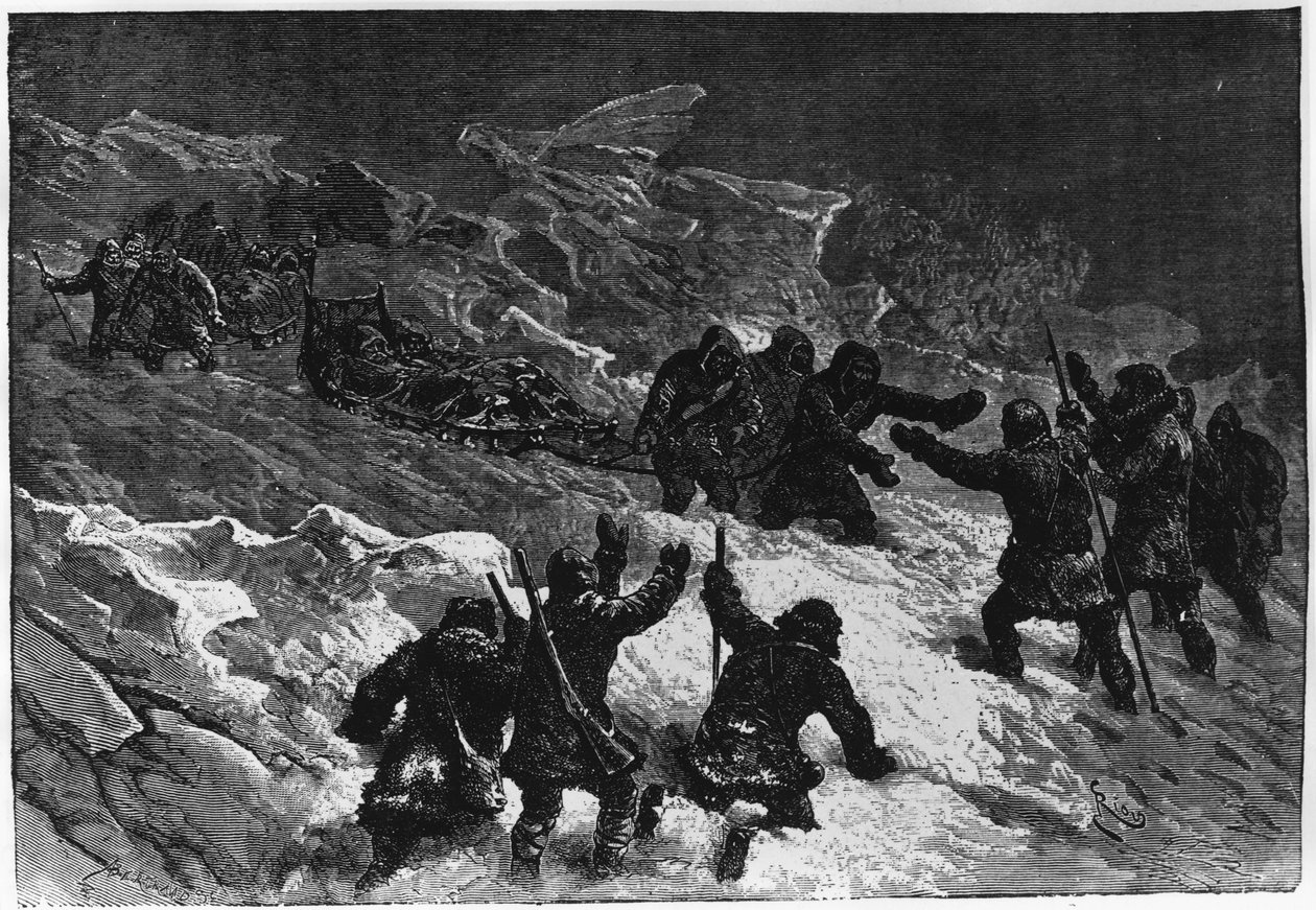 Nordpol: Begegnung der Schlitten von Markham - Nares Georges S., Eine Reise zum Polarmeer, Paris: Hachette von Unknown artist