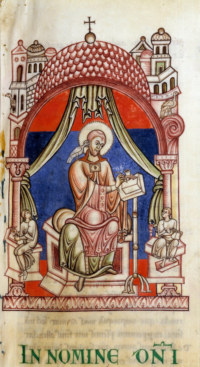 Papst Gregor I. der Große, umgeben von zwei Sekretären. Er wird mit einer Taube auf der Schulter dargestellt, Symbol des Heiligen Geistes von Unknown artist