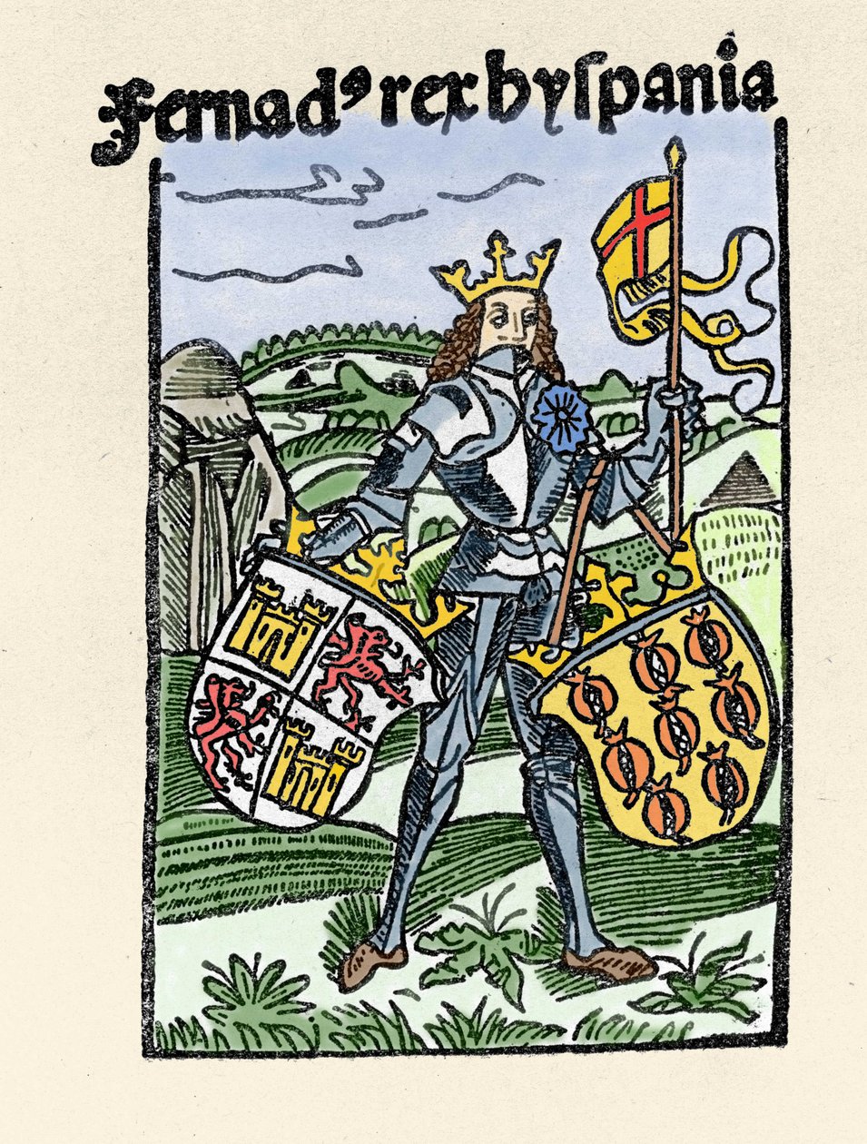 Porträt von Ferdinand I. von Aragon, der Gerechte (1380-1416), König von Spanien. Gravur aus „De insulis in mare Indico super inventis“, Basel 1493-1494 (lateinische Übersetzung von Kolumbus
