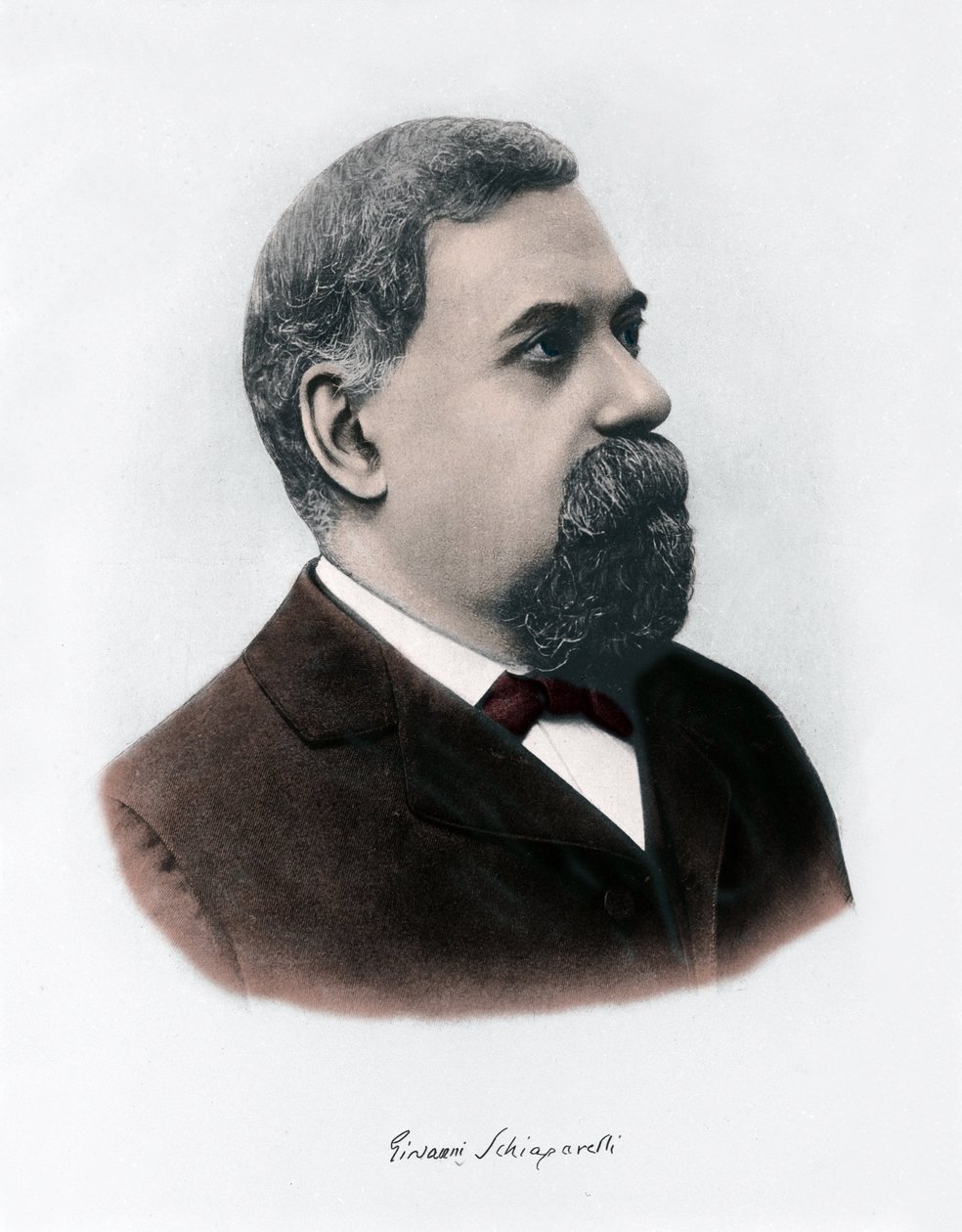 Porträt von Giovanni Virginio Schiaparelli (1835-1910) Astrophysiker. Er beobachtete geradlinige Konfigurationen auf dem Planeten Mars, die er die Marskanäle (canali) nannte. Gravur um 1900 von Unknown Artist