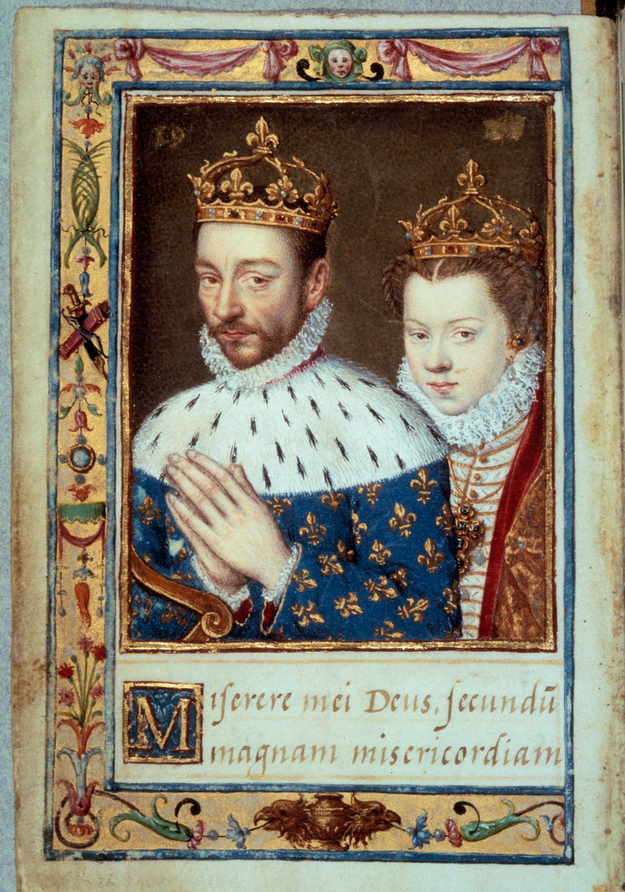 Porträt von König Karl IX. (1550-1574) und Elisabeth von Österreich (1554-1592) Königin von Frankreich. Manuskriptseite aus dem „Stundenbuch der Katharina von Medici“ (Caterina de Medici) 16. Jahrhundert Paris, B.N. von Unknown artist