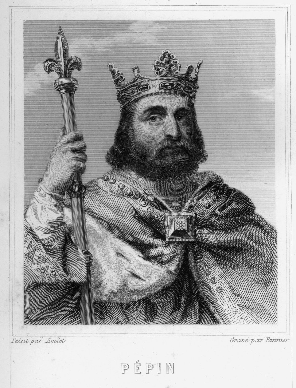 Porträt von Pippin dem Kurzen (ca. 714 - 768), König der Franken, erster der Karolinger - in „Histoire des Français“ von Lavallée, Gravur, sd von Unknown artist
