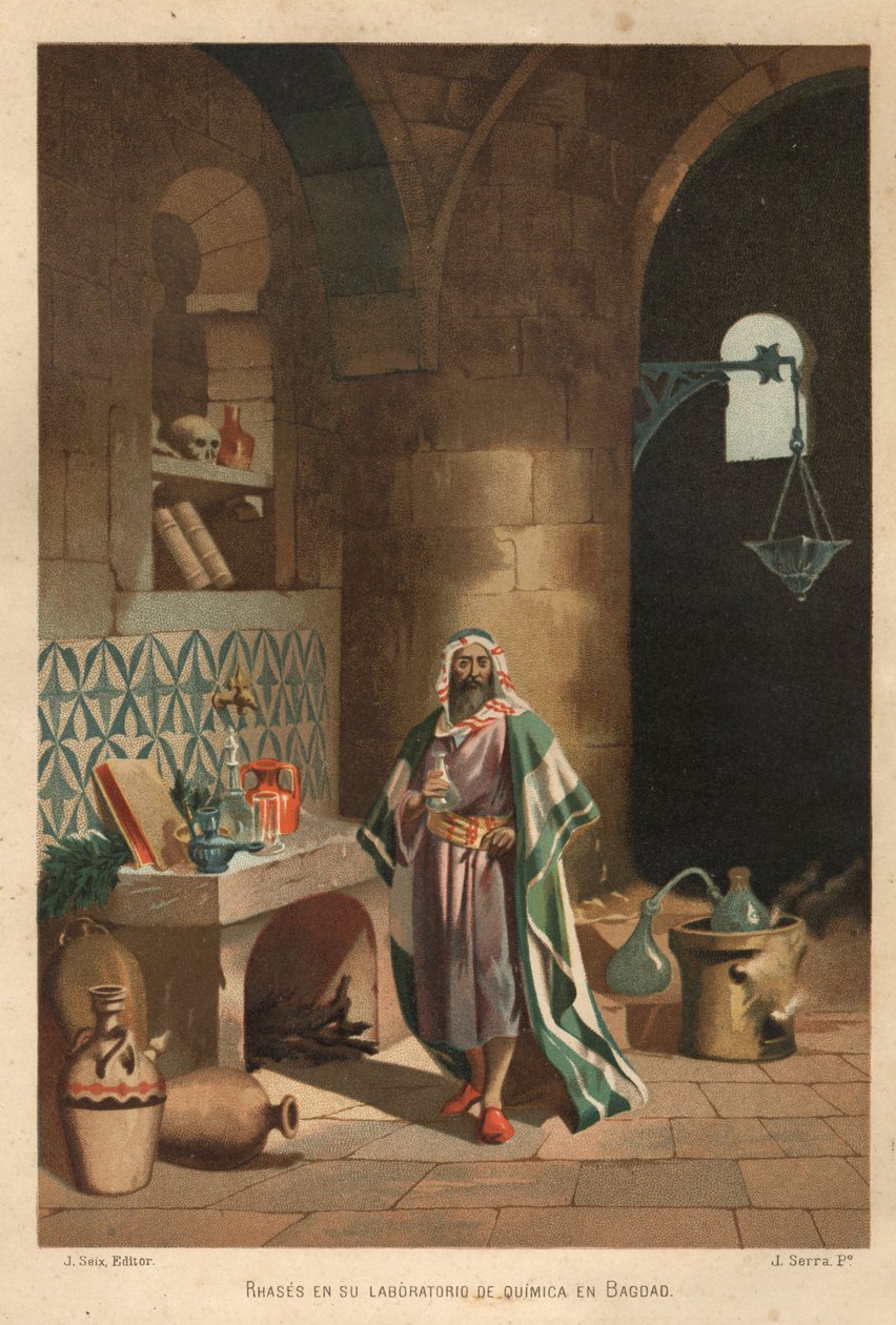 Porträt von Rhases (Rhazes, Razi, Al-Razi, Razis oder Rases) (840-923) persischer Wissenschaftler) in seinem Labor in Bagdad. Barcelona 1881 von Unknown artist