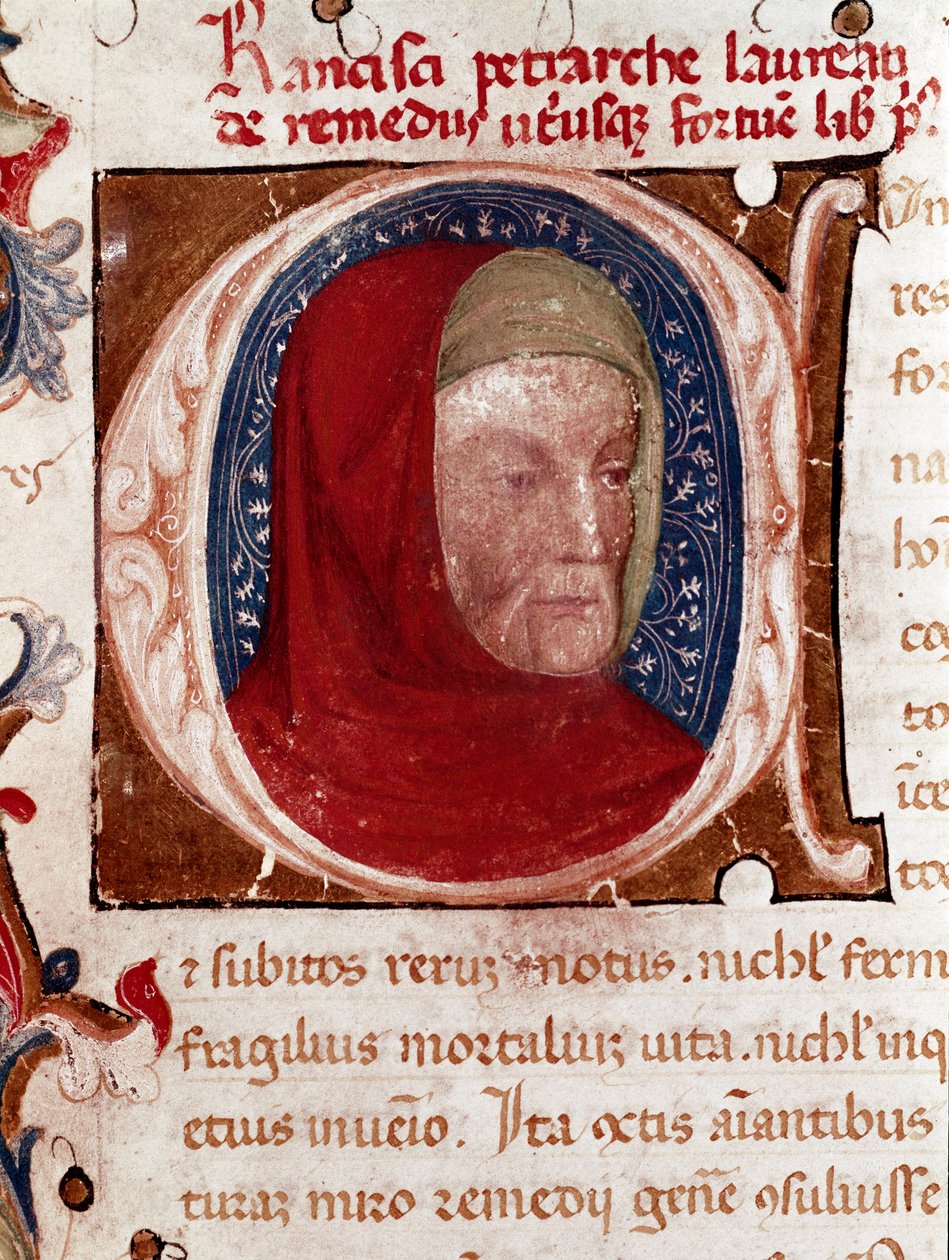 Porträt des italienischen Dichters Francesco Petrarca (1304-1374) (Detail). Seite aus dem Manuskript „Les remedes aux deux fortunes“ (De remediis Utriusque Fortunae) von Petrarca. 1360-1366 Venedig, Biblioteca Marciana von Unknown artist