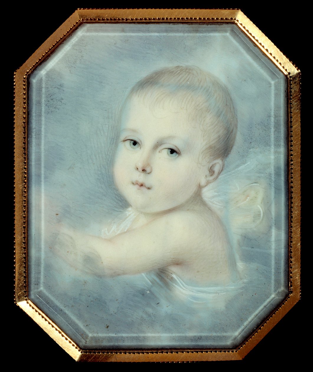 Porträt des Königs von Rom als Baby (1811-1832), Sohn von Kaiser Napoleon I (1769-1821) und zukünftiger Napoleon II. Anonymes achteckiges Medaillon des 19. Jahrhunderts. Aquarell unter Glas. Paris, Musée de la Légion d