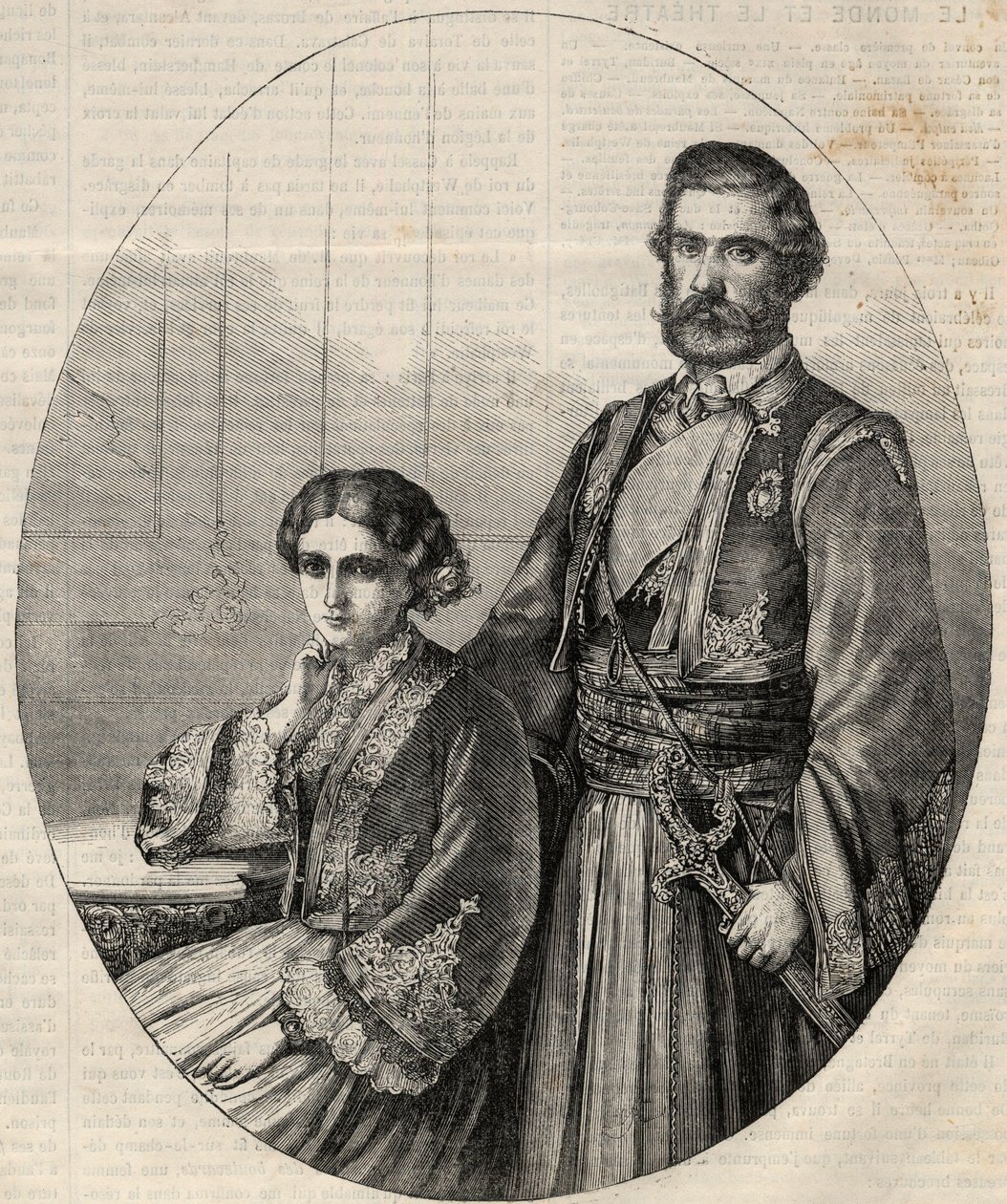 Porträt des Prinzen von Serbien Michael III. (1823-1868) und Prinzessin Julie (1831-1919). Gravur in „L