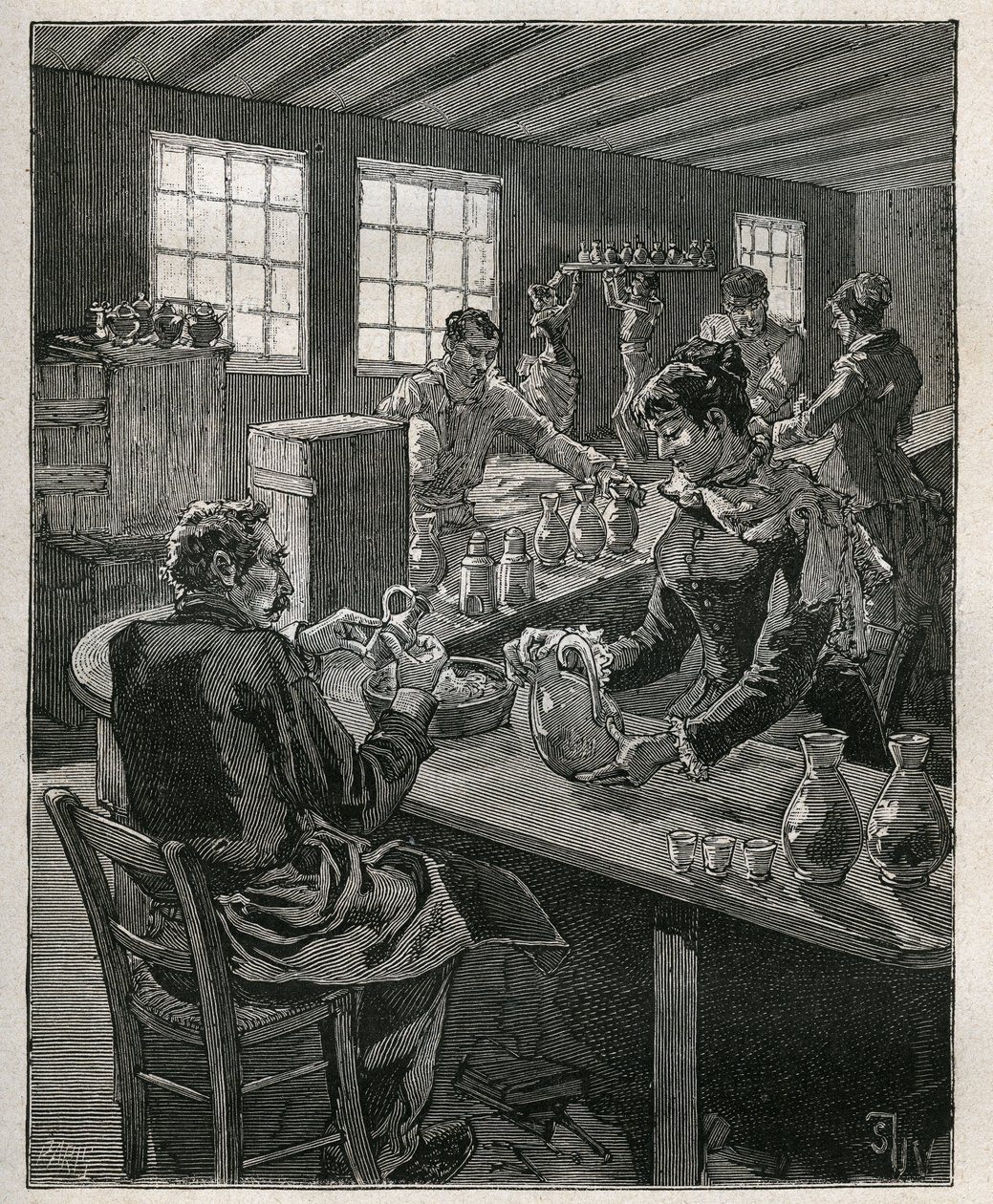 Töpferei: Töpferei füllen. Gravur von 1885 in „Les arts et métiers illustrés“ von Adolphe Bitard. von Unknown artist