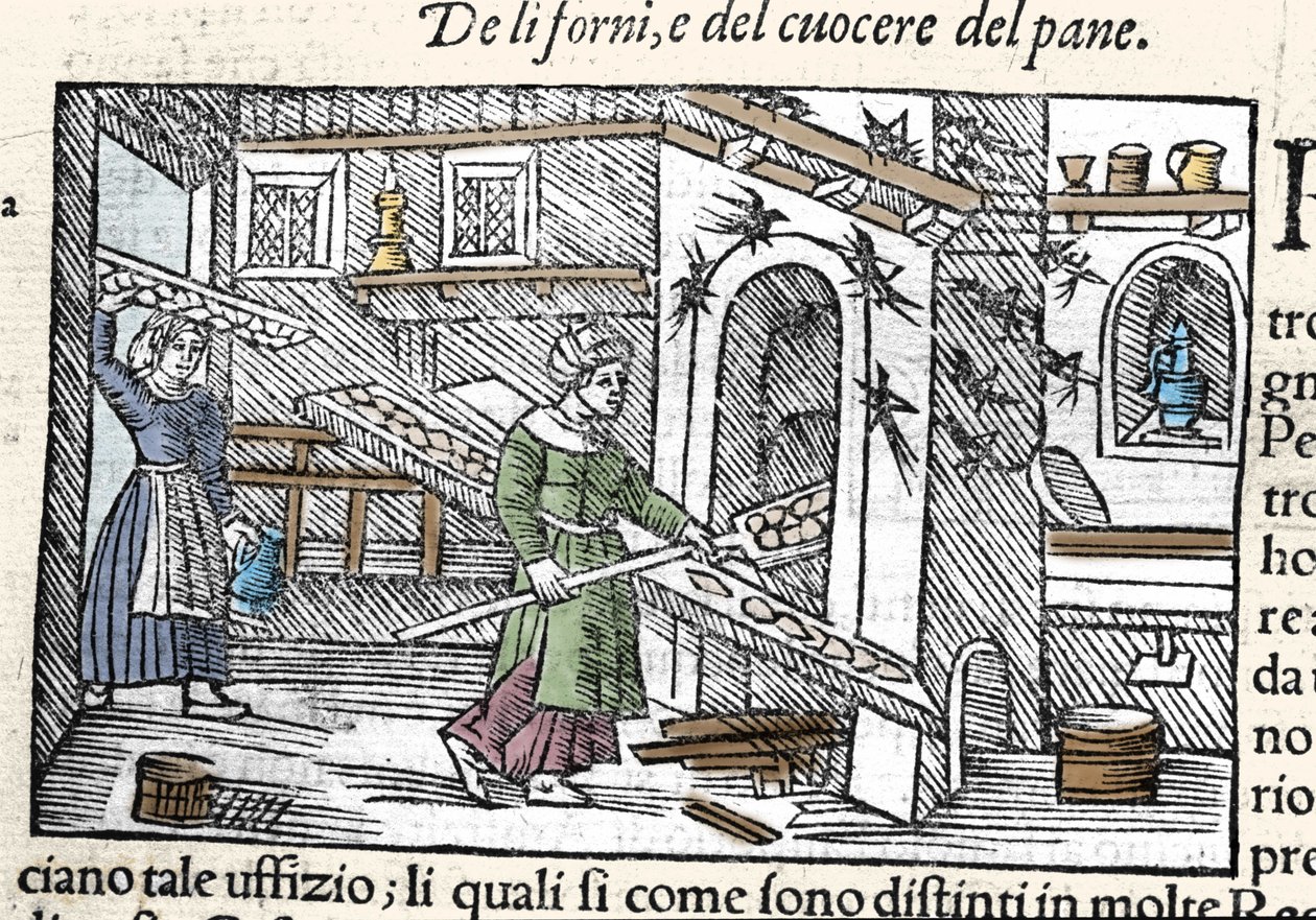 Vorbereitung und Backen von Brot in einem Ofen. Gravur von Olaus Magnus (1490-1557), schwedischer Geistlicher und Geograph, „Historia de Gentis Septentrionalibus“, Venedig von Unknown artist