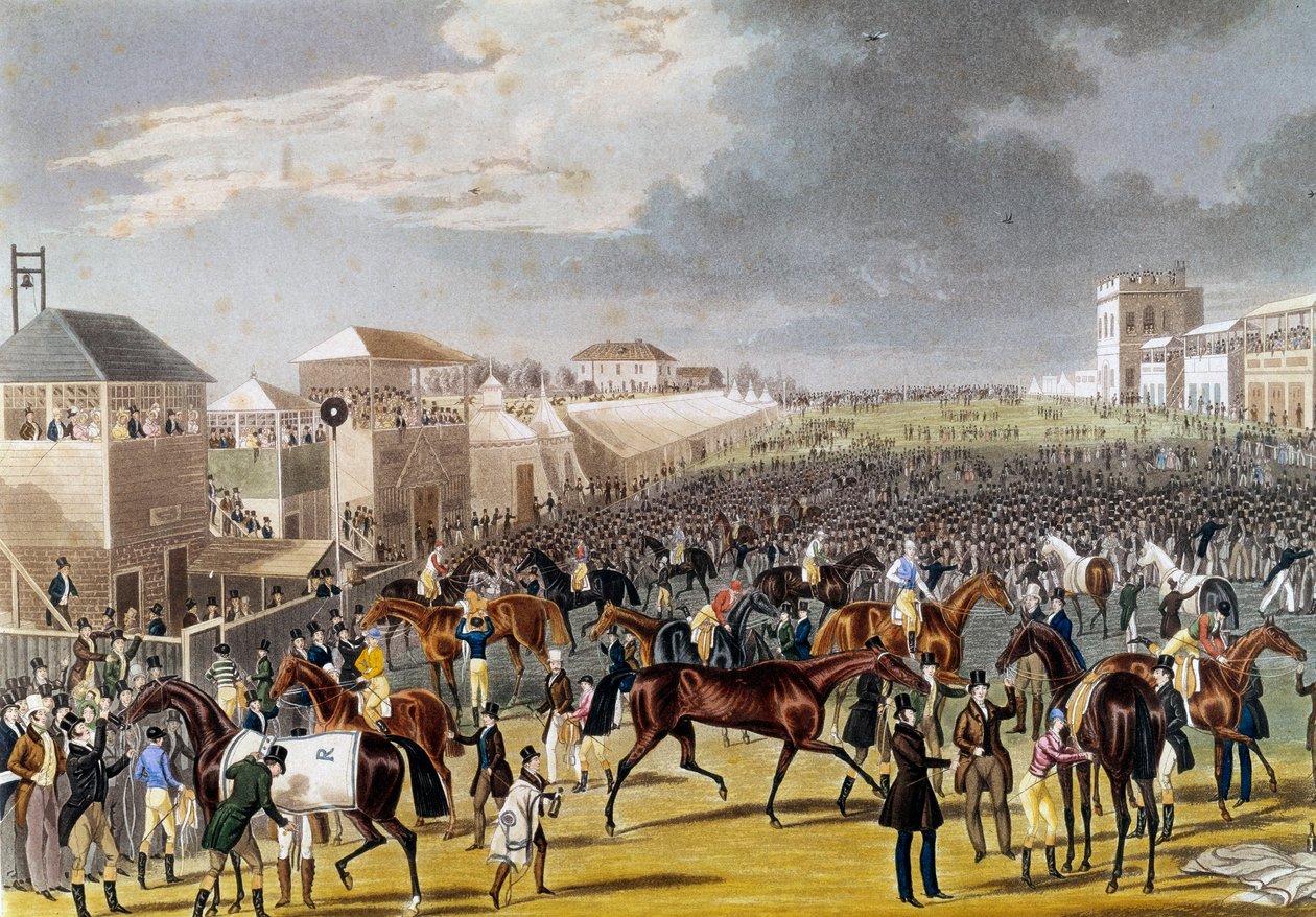 Vorbereitungen für ein Epsom-Rennen (Epsom Oaks: Englisches Pferderennen). Gravur von Unknown artist