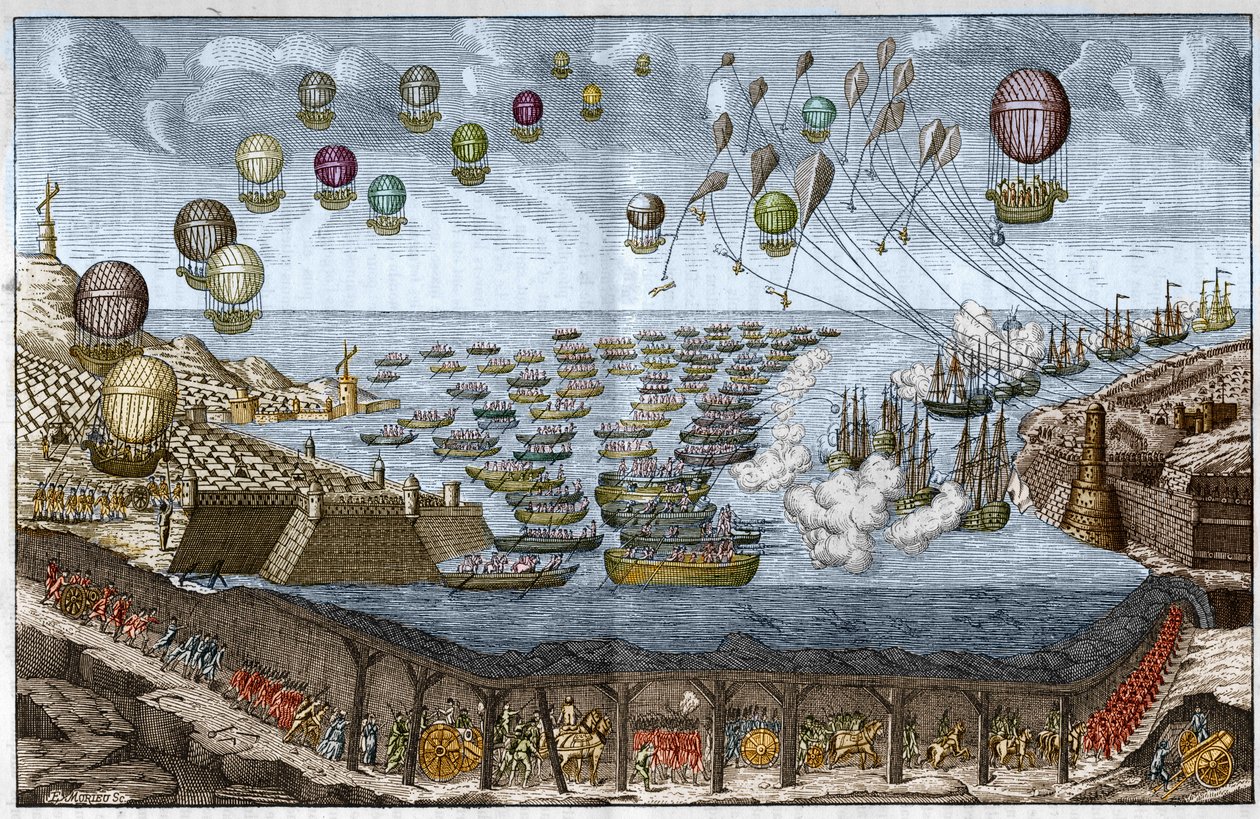 Angriffsplan gegen England 1803 durch Napoleon I. - Französische Truppen marschieren durch den Kanaltunnel, während Schiffe und Ballons See- und Luftangriffe durchführen - Gravur von 1803 von Unknown artist
