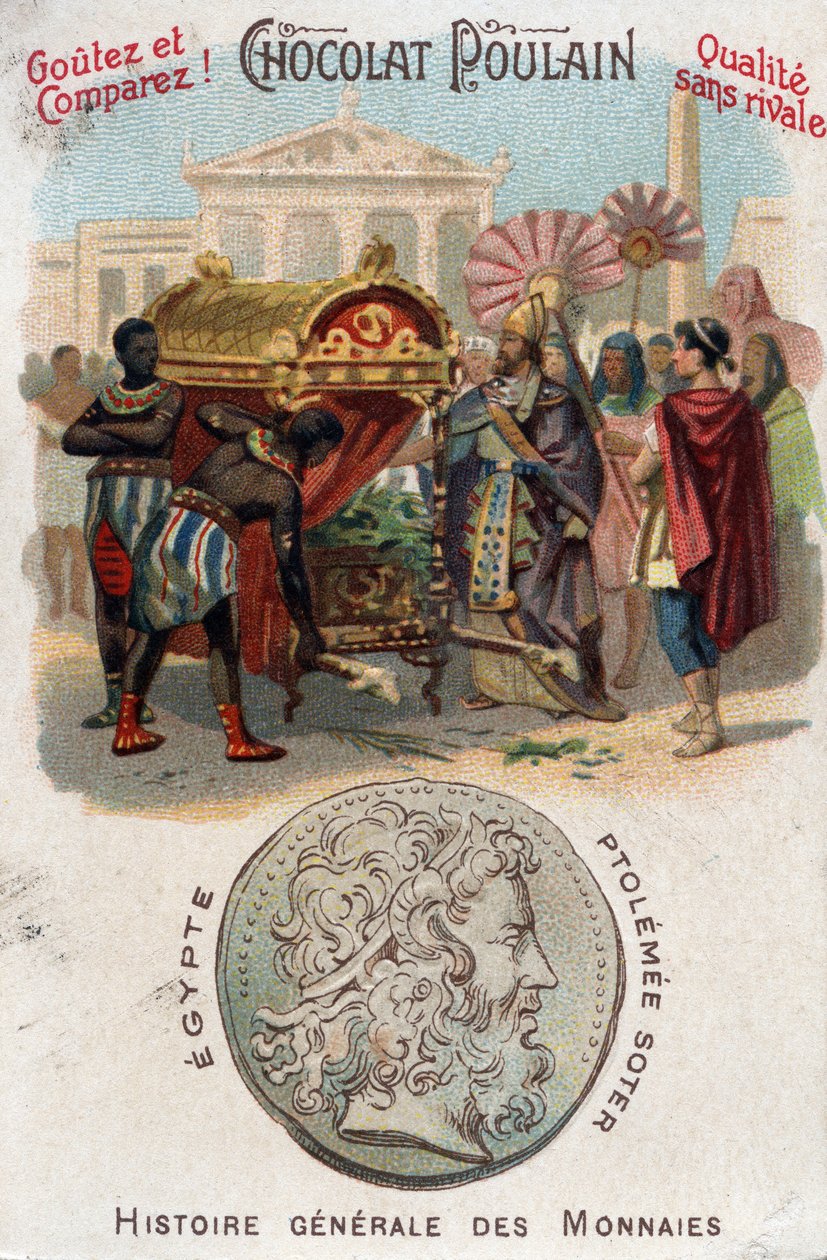 Ptolemaios I. (360-283 v. Chr.) Soter (Retter) ließ Alexander den Großen begraben. In Allgemeine Geschichte der Münzen. Schokoladen-Fohlen-Chromolithographie aus dem späten 19. Jahrhundert. Private Sammlung. von Unknown artist