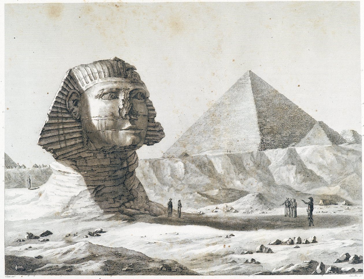 Pyramiden von Gizeh: Blick auf die Sphinx und die Große Pyramide, von Südosten aufgenommen - in „Beschreibung von Ägypten“, Kaiserliche Ausgaben von Unknown artist