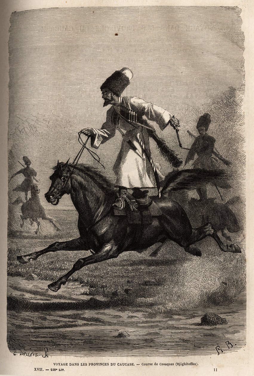 Rennen der Kosaken, balancieren stehend auf ihrem Sattel, Reiter peitschen ihre Pferde, um sie zum Galoppieren zu bringen. Gravur zur Illustration der Reise in die Provinzen des Kaukasus, von Basile Vereschaguine, 1864-1865, veröffentlicht in „Le tour du m von Unknown artist