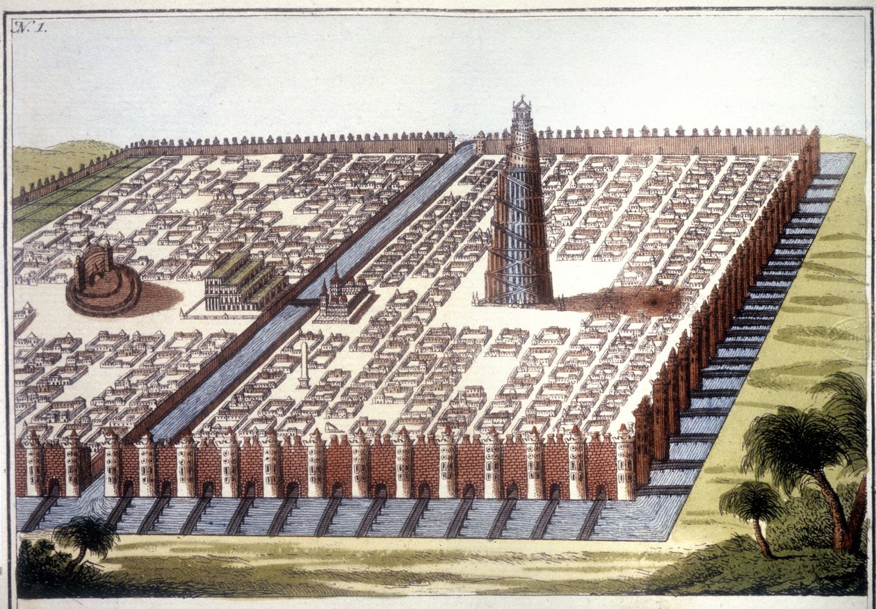 Rekonstruierte Ansicht der antiken Stadt Babylon mit der Umfriedung, den hängenden Gärten und dem Zikkurat von Unknown artist