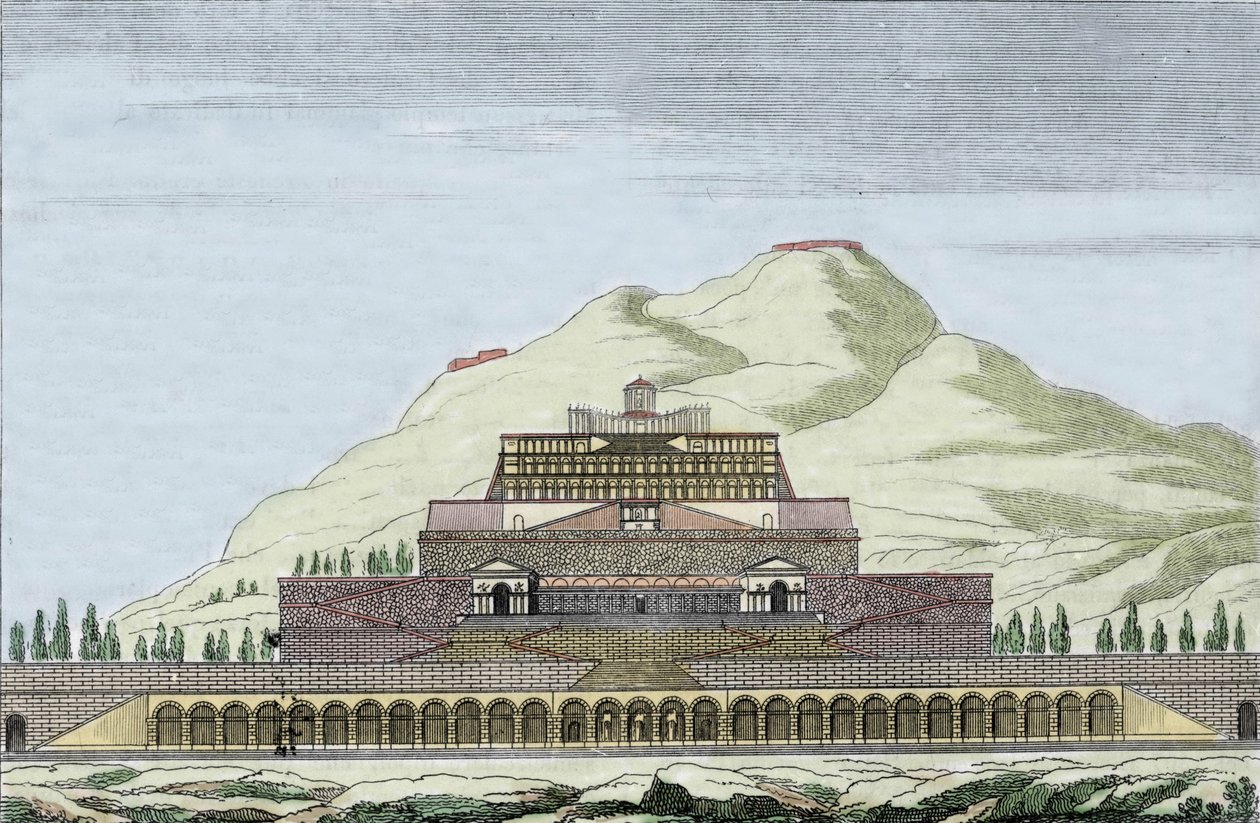 Rekonstruktion des Tempels der Fortuna (römische Göttin des Glücks) in Palestrina, Italien. Gravur aus dem 19. Jahrhundert von Unknown artist