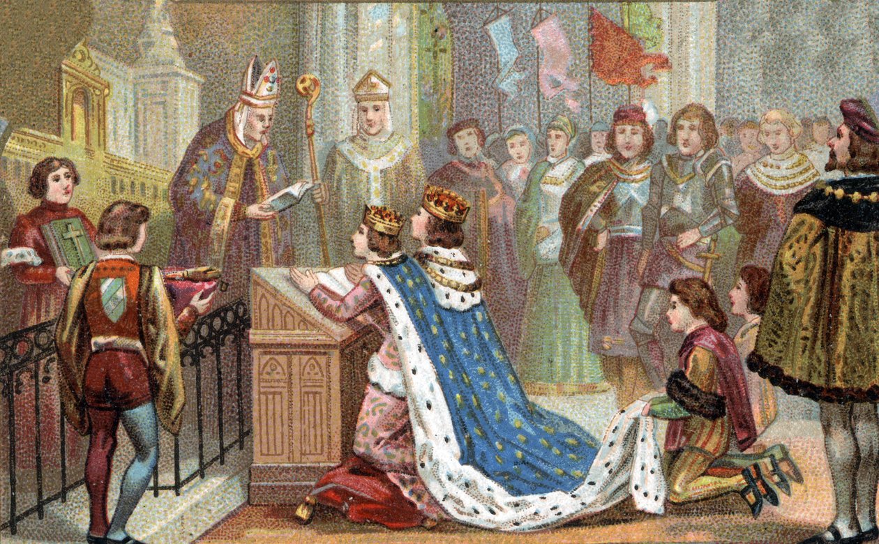 Beziehung der Bretagne zu Frankreich: Ludwig XII. (1462-1515) heiratete Anne de Bretagne (1477-1514). Ihre Ehe vereinte die Bretagne mit Frankreich (1499). Chromolithographie aus dem späten 19. Jahrhundert. von Unknown artist