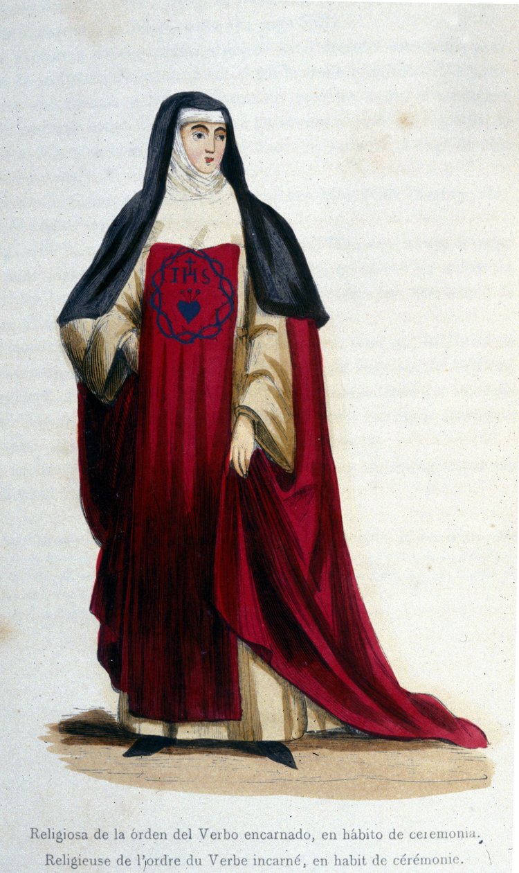 Religiöser des Ordens des fleischgewordenen Wortes in zeremonieller Kleidung. Gravur aus einem Album über religiöse Orden, Paris von Unknown artist