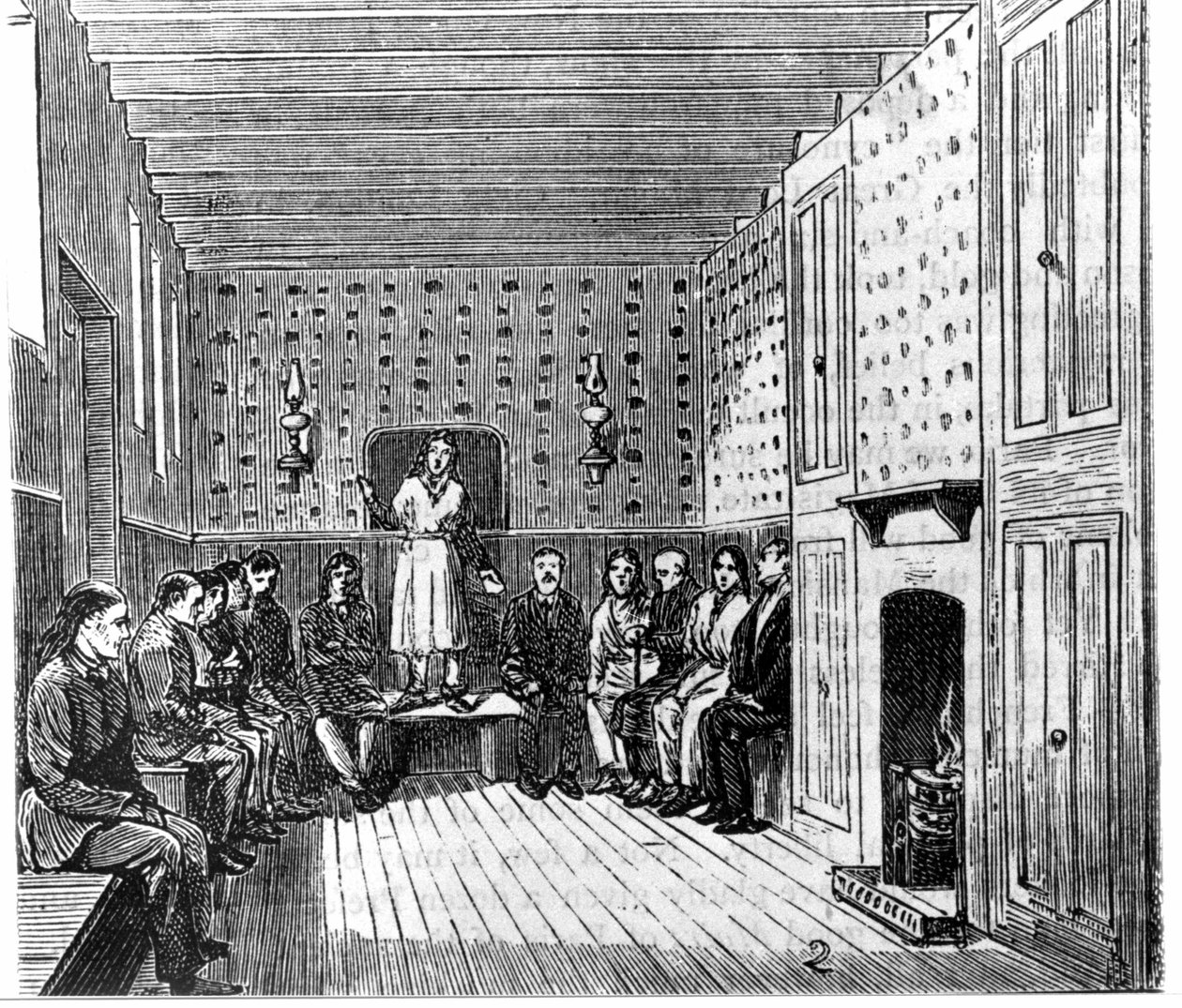 Religiöses Treffen der amerikanischen Shaker. Gravur aus dem 19. Jahrhundert von Unknown artist