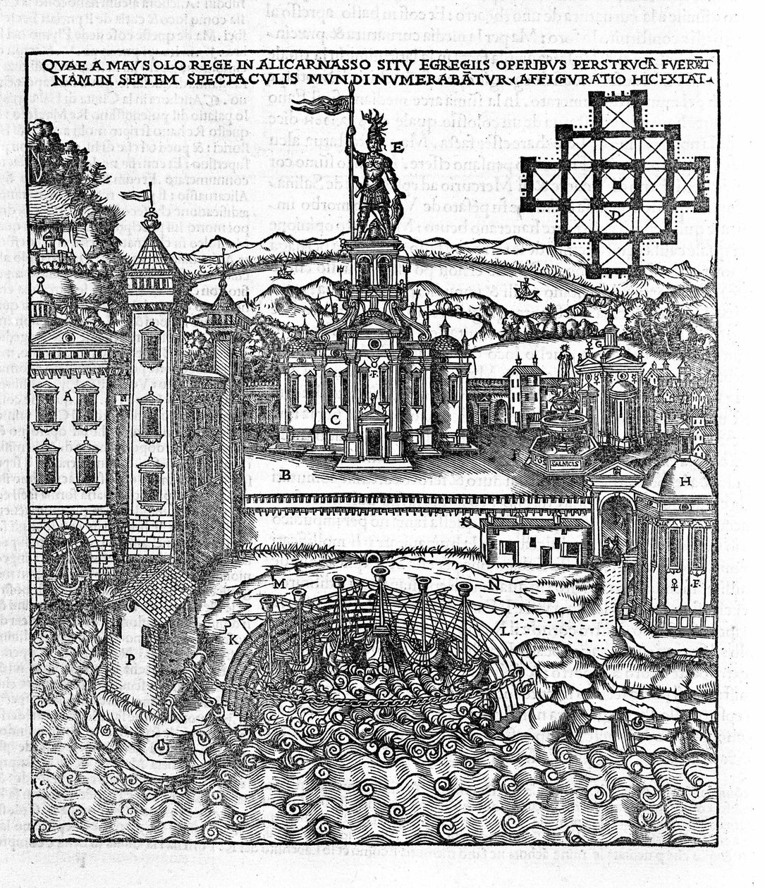 Darstellung der Sieben Weltwunder der Antike: das Mausoleum von Halikarnassos, das an der Ägäis in der südwestlichen Türkei lag. Gravur in „De Architectura“ von Vitruv (1. Jahrhundert v. Chr.) - Ausgabe von Gottardo da Ponte, Come von Unknown artist