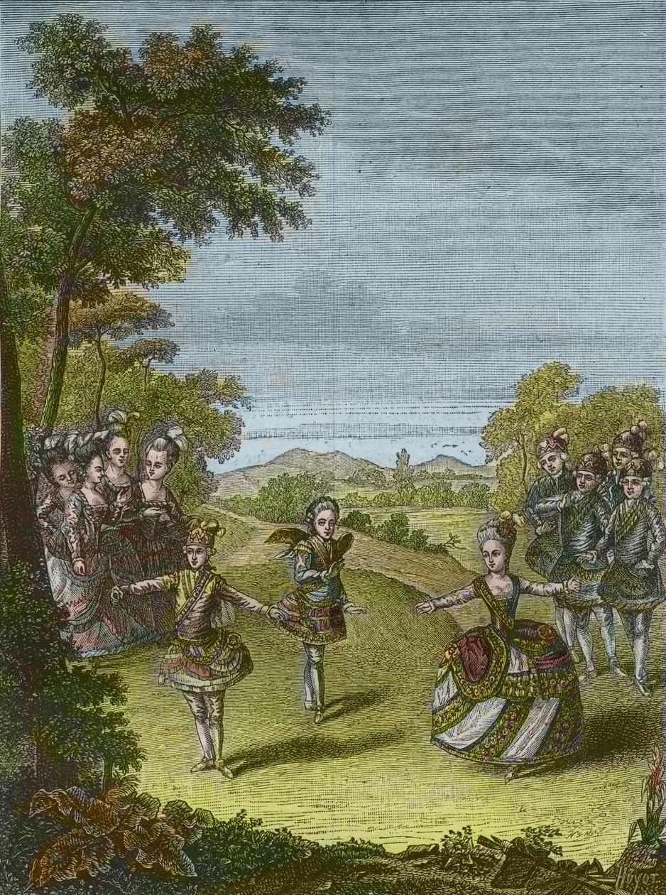 Darstellung des Balletts „Der Triumph der Liebe“ von Christoph Willibald Gluck in Schönbrunn, Wien 1865 (Gravur) von Unknown Artist