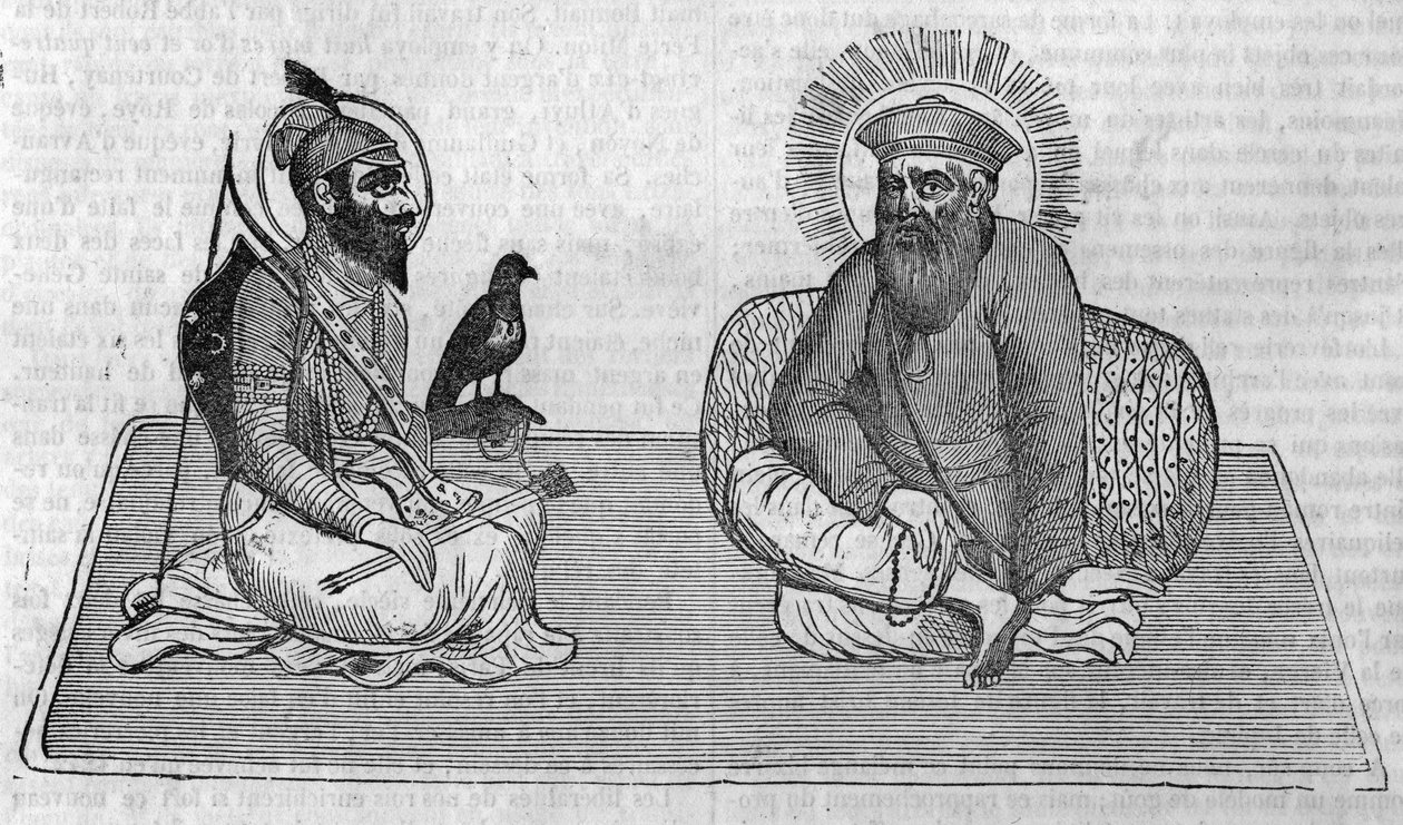 Darstellung der Gründer des Sikhismus (oder Sikh-Religion): Guru Nanak (1469-1539) und Guru Gobind Singh (1666-1708). In „Le magazin picturesque“ 1836 von Unknown artist