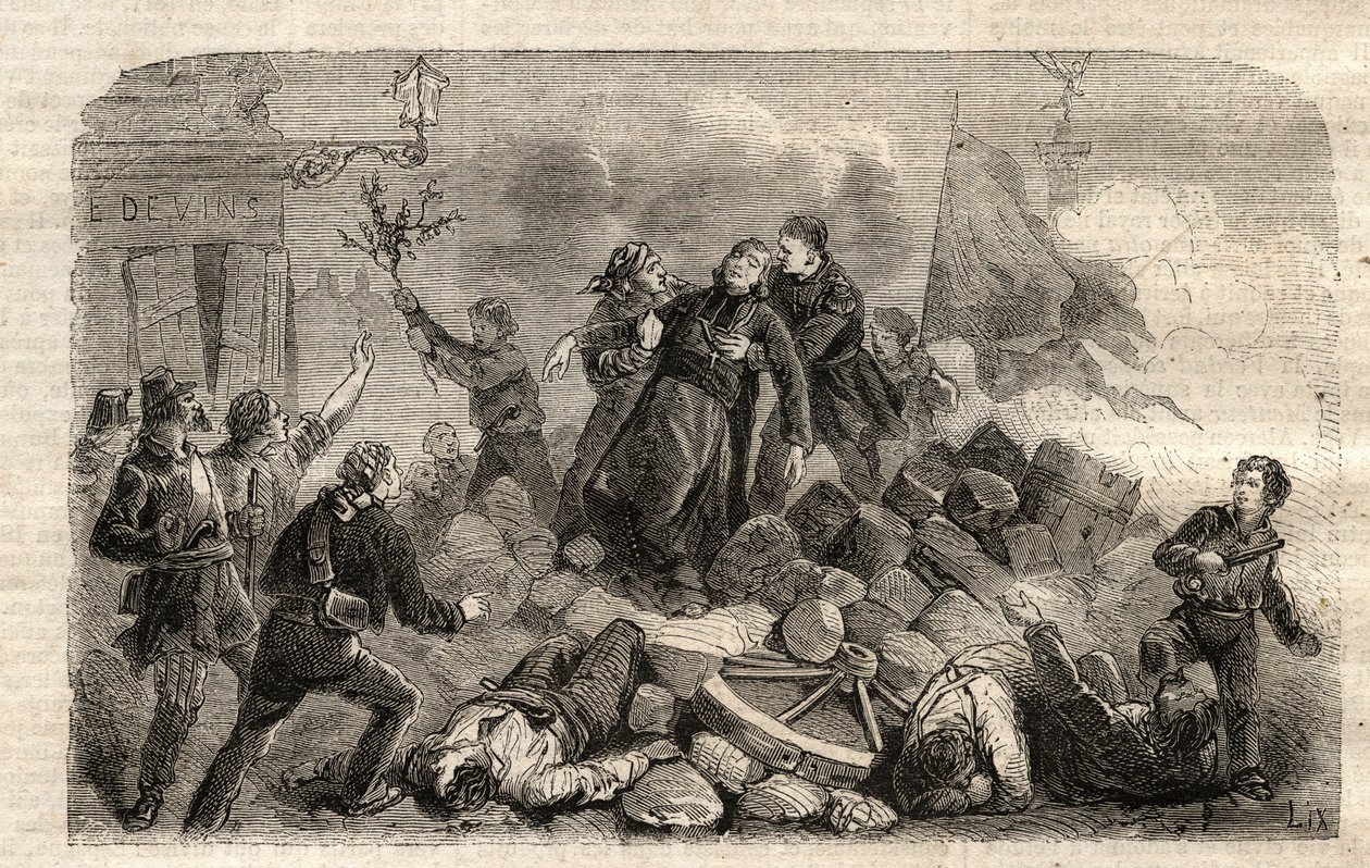 Revolution 1848: „Der Erzbischof Monsignore Denis Affre auf der Barrikade Faubourg Saint Antoine in Paris am 26.06.1848 (Do o mon dieu que mon sang soit le dernier verse) (Tod von Denis Affre, Erzbischof von Paris auf der Barrikade am Eingang zu t von Unknown artist