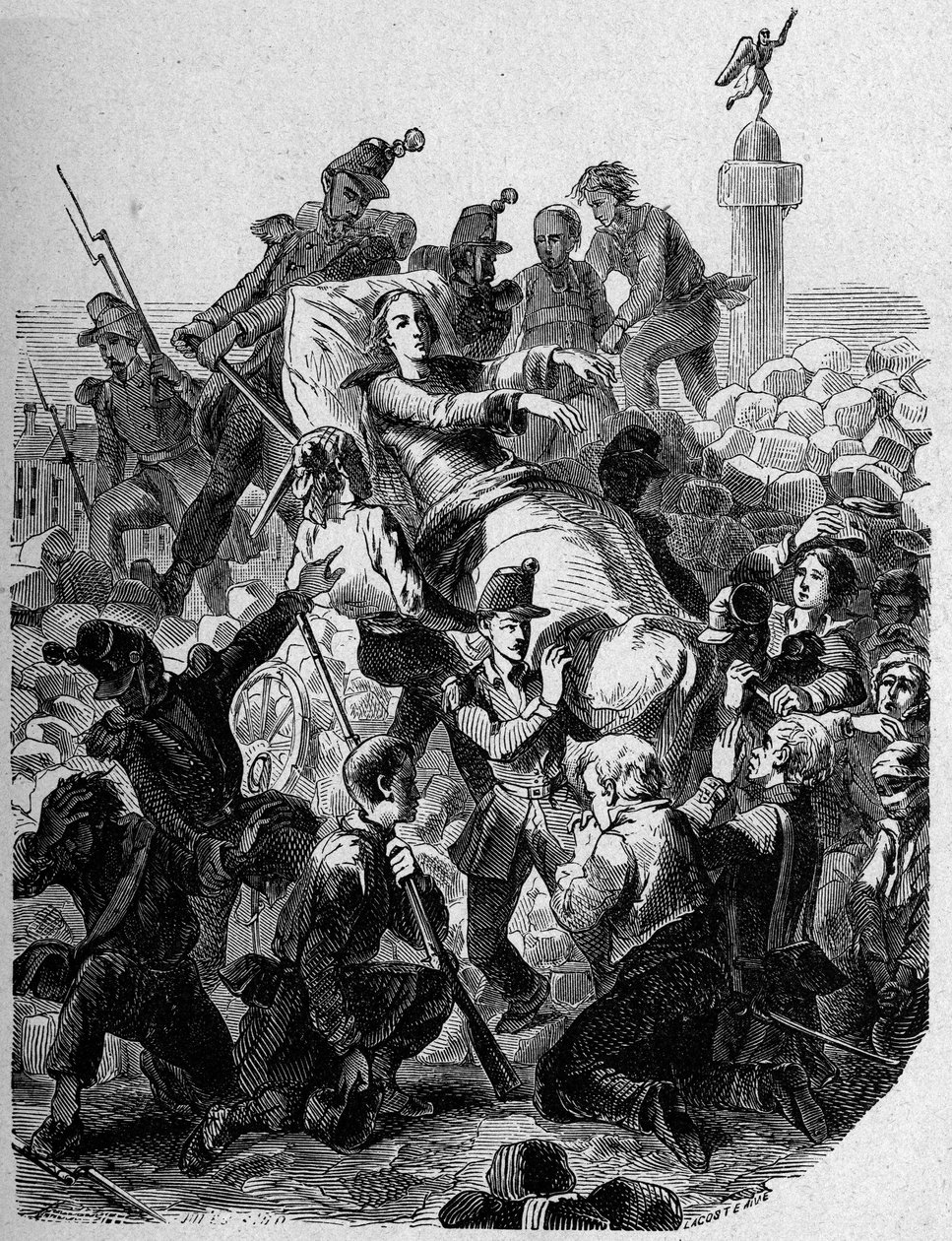 Revolution 1848: „Der Erzbischof Denis Affre (1793-1848) wird verwundet und auf einer Trage getragen im Jahr 1848.“ von Unknown artist