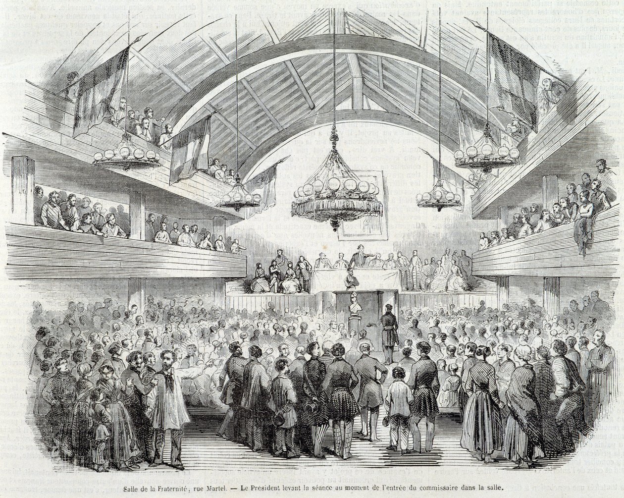 Revolution von 1848: Brüderlichkeitshalle, Rue Martel, der Präsident vertagte die Sitzung beim Eintritt des Kommissars in den Raum von Unknown artist