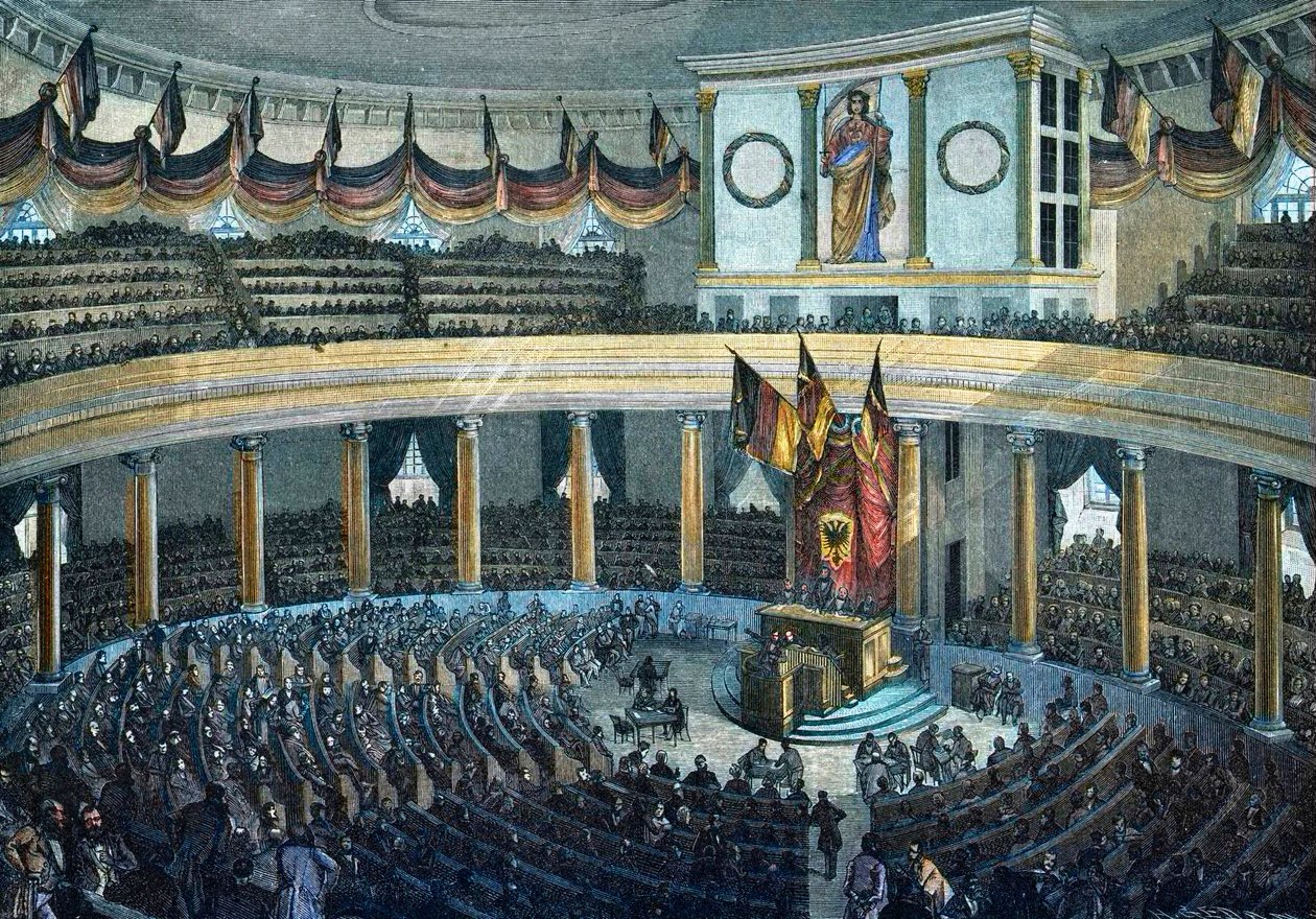 Revolutionen 1848 - 1849: Deutsche Nationalversammlung in der Paulskirche in Frankfurt am Main - kolorierte Holzgravur von Unknown artist