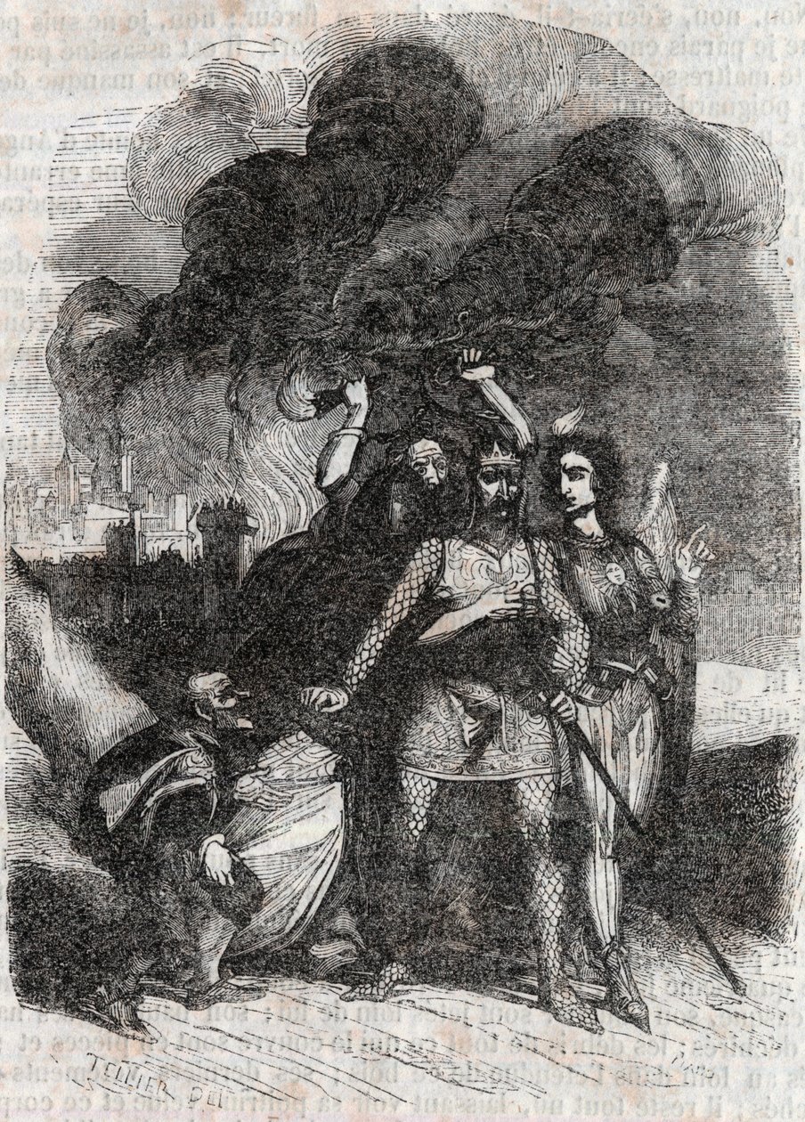 Rodomont verlässt Paris - Gravur von 1851 aus „Roland der Rasende“ (Orlando furioso) (16. Jahrhundert) von Ludovico Ariosto, bekannt als der Ariosta - Ausgabe, übersetzt aus dem Italienischen von Graf von Tressan und veröffentlicht von Gustave Harvard 1851 von Unknown artist