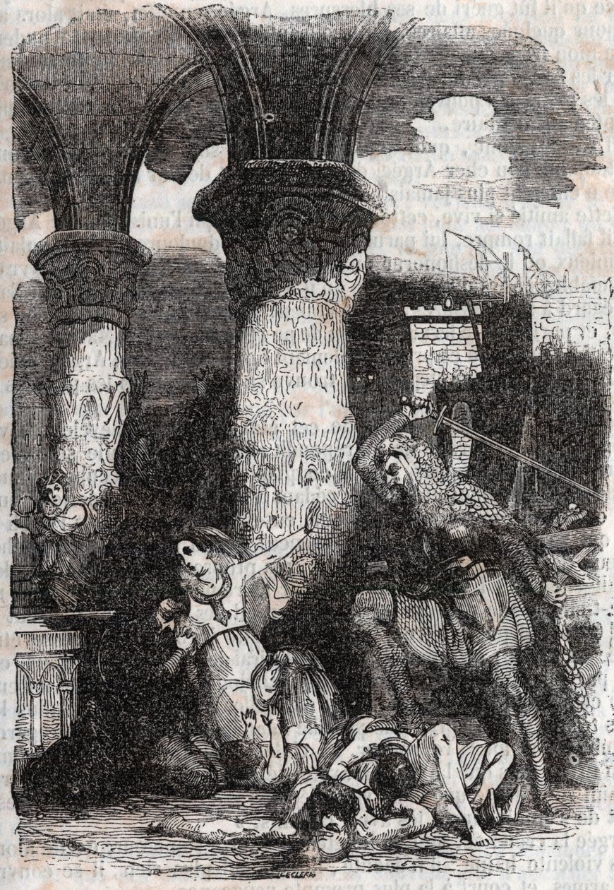 Rodomont massakriert die Bewohner von Paris - Gravur von 1851 aus „Roland der Rasende“ (Orlando furioso) (16. Jahrhundert) von Ludovico Ariosto, bekannt als der Ariosta - Ausgabe, übersetzt aus dem Italienischen von Graf von Tressan und veröffentlicht von  von Unknown artist