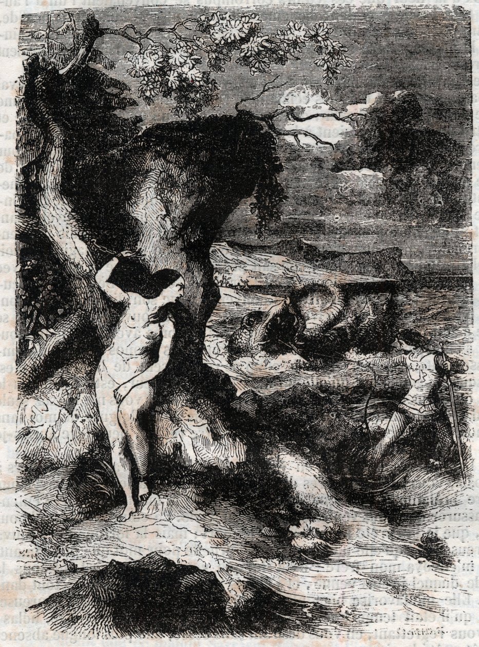 Roland befreit Olympe - Gravur von 1851 aus „Roland der Rasende“ (Orlando furioso) (16. Jahrhundert) von Ludovico Ariosto, bekannt als der Ariosta - Ausgabe, übersetzt aus dem Italienischen von Graf von Tressan und veröffentlicht von Gustave Harvard 1851 von Unknown artist