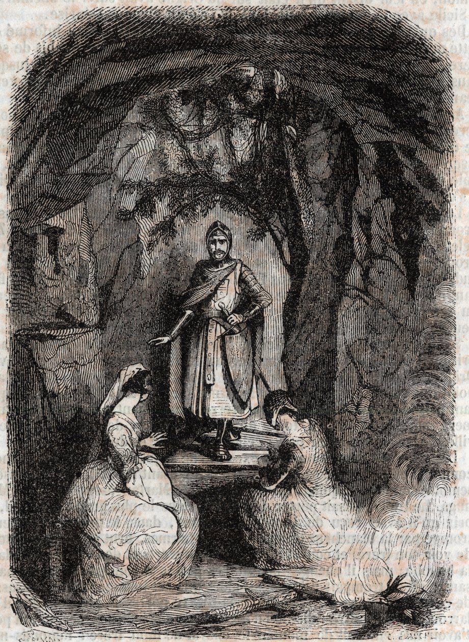 Roland sieht Isabelle in einer Höhle - Gravur von 1851 aus „Furioser Roland“ (Orlando furioso) (16. Jahrhundert) von Ludovico Ariosto, bekannt als der Ariosta - Ausgabe übersetzt aus dem Italienischen von Graf von Tressan und veröffentlicht von Gustave Har von Unknown artist