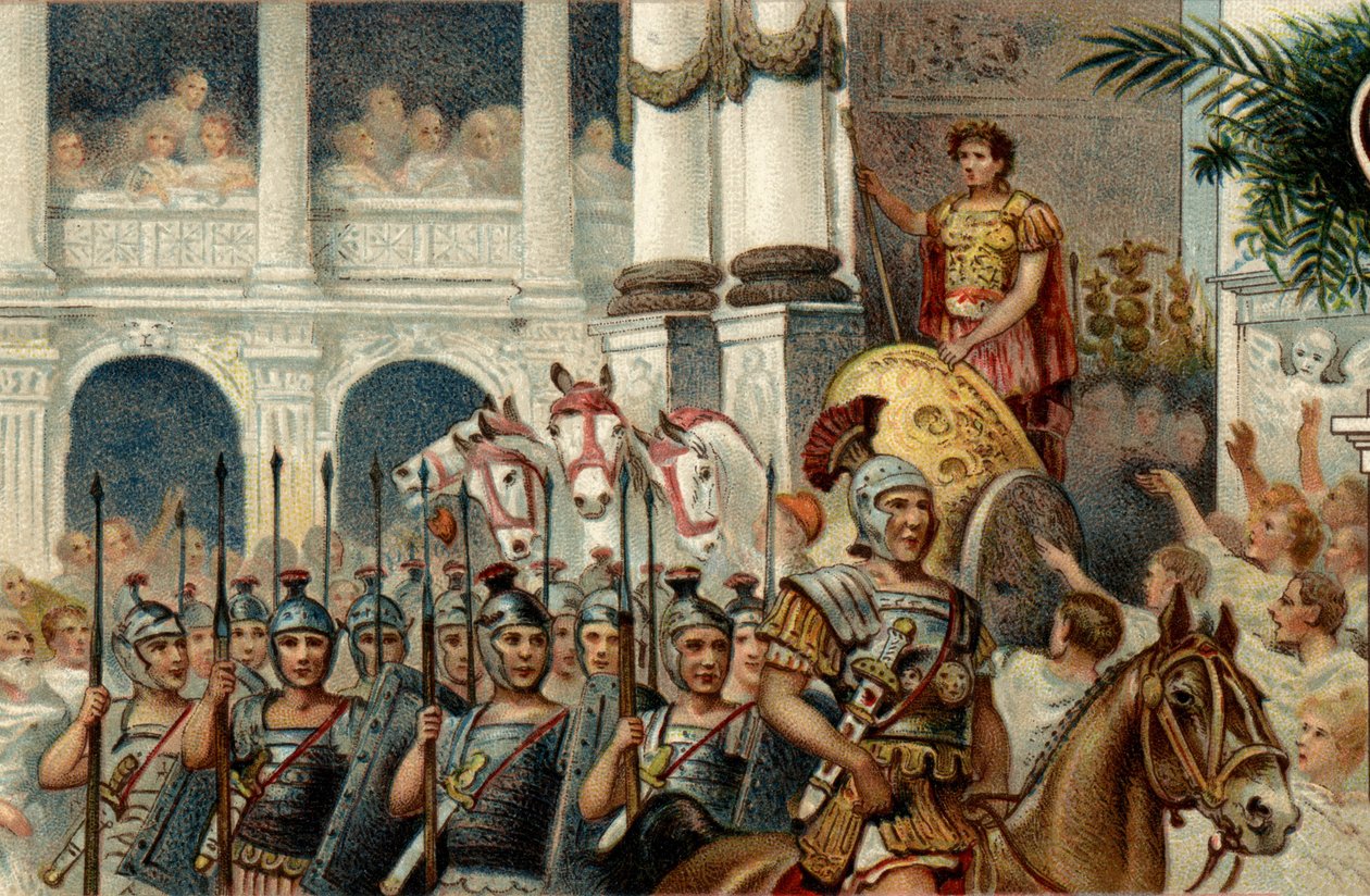 Römisches politisches System. Der Kaiser: Parade zu Ehren der Siege des römischen Kaisers Augustus (Octavian) in Actium, Pannonien und Ägypten. Chromolithographie aus dem späten 19. Jahrhundert. von Unknown artist