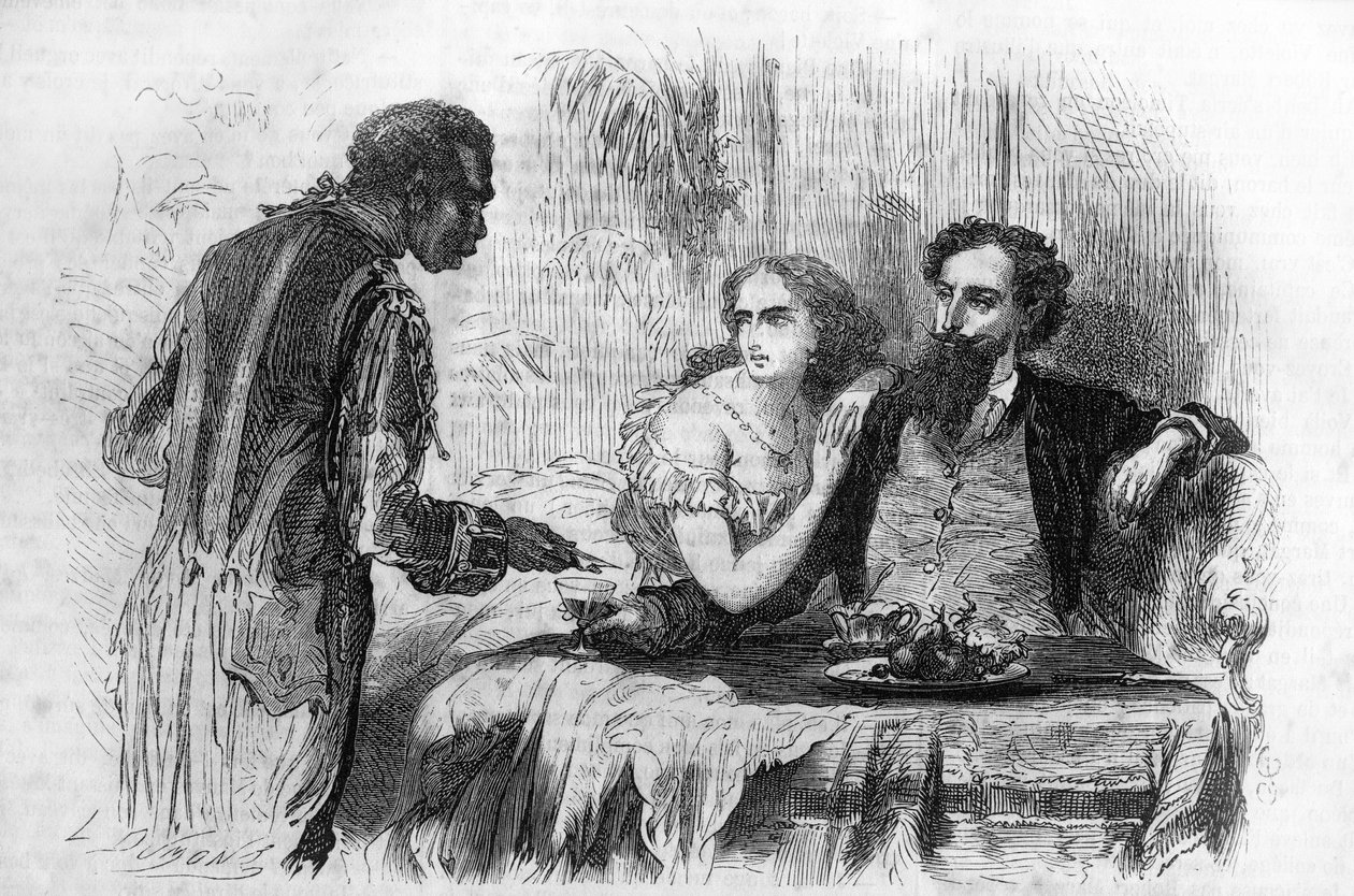 Romanserie: „Die Puritaner von Paris“ von Paul Bocage (1824-1887). „Der Neger brachte Robert die Visitenkarte.“ Gravur in „Les bons romans“ von Unknown artist