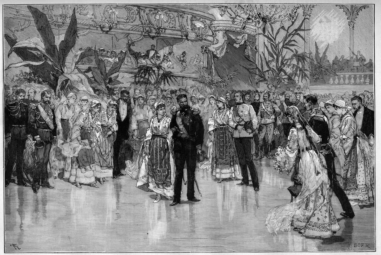 Ball zu Ehren von Prinz Rodolph (1858-1889) und Prinzessin Stephanie von Österreich-Ungarn (1864-1945) im Nationaltheater in Bukarest. Gravur in „Le Monde Illustré“ von Unknown artist