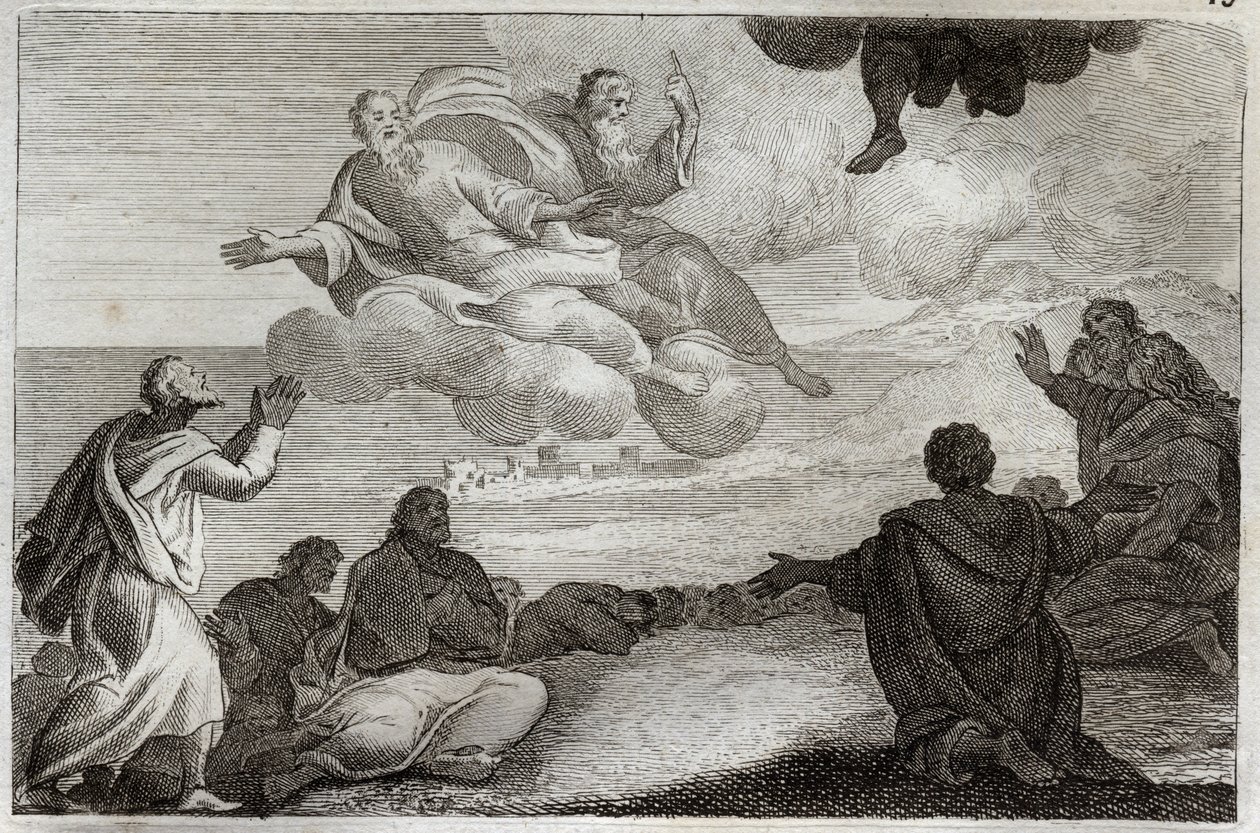 Bibel von Royaumont, Neues Testament: Himmelfahrt Jesu Christi. Christus wird in den Himmel aufgenommen und segnet die Apostel, bevor er in einer Wolke verschwindet. Illustration von 1811. von Unknown artist