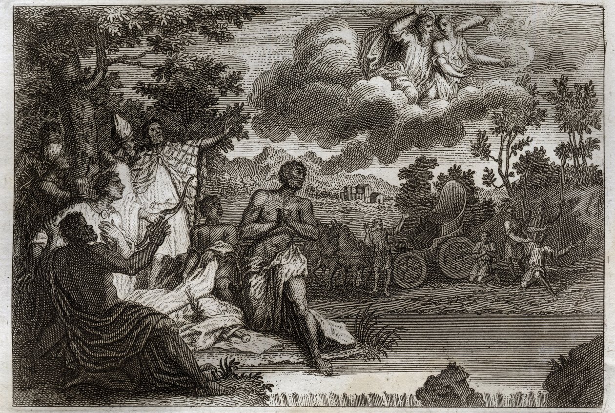Royaumont-Bibel, Neues Testament: Eunuch tauft. Der Diakon Philippus verkündet einem Eunuchen der Königin von Äthiopien den Glauben und tauft ihn. Illustration von 1811. von Unknown artist