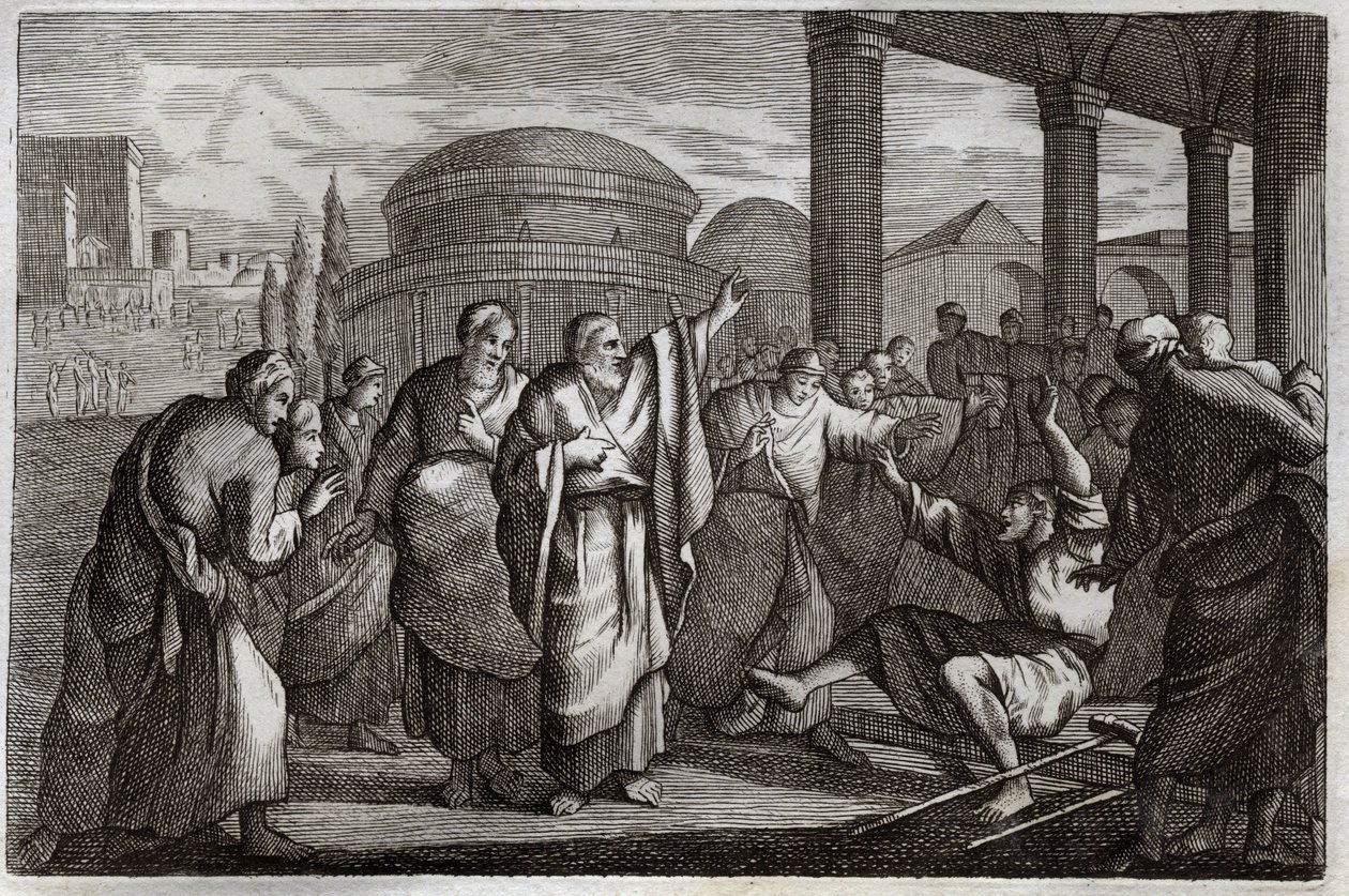 Royaumont-Bibel, Neues Testament: Heilung eines Lahmen. Der heilige Paulus heilt einen Lahmen und hält ein Volk auf, das ihn wie einen Gott opfern wollte. Illustration von 1811 von Unknown artist