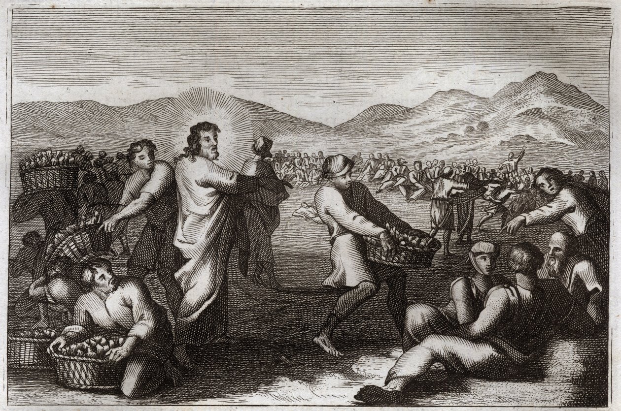 Royaumont-Bibel, Neues Testament: Vermehrung der Brote. Jesus Christus vervielfacht fünf Brote und ernährt fünftausend Männer. Illustration von 1811 von Unknown artist