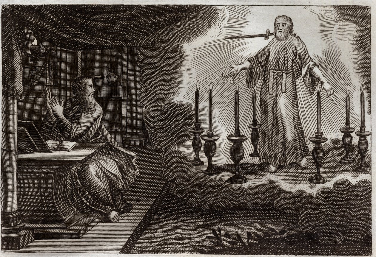 Bibel von Royaumont, Neues Testament: Offenbarungen des Heiligen Johannes in der Offenbarung. Jesus Christus erscheint dem Heiligen Johannes zwischen sieben goldenen Leuchtern, mit sieben Sternen in seiner rechten Hand und einem Schwert, das aus seinem Mun von Unknown artist