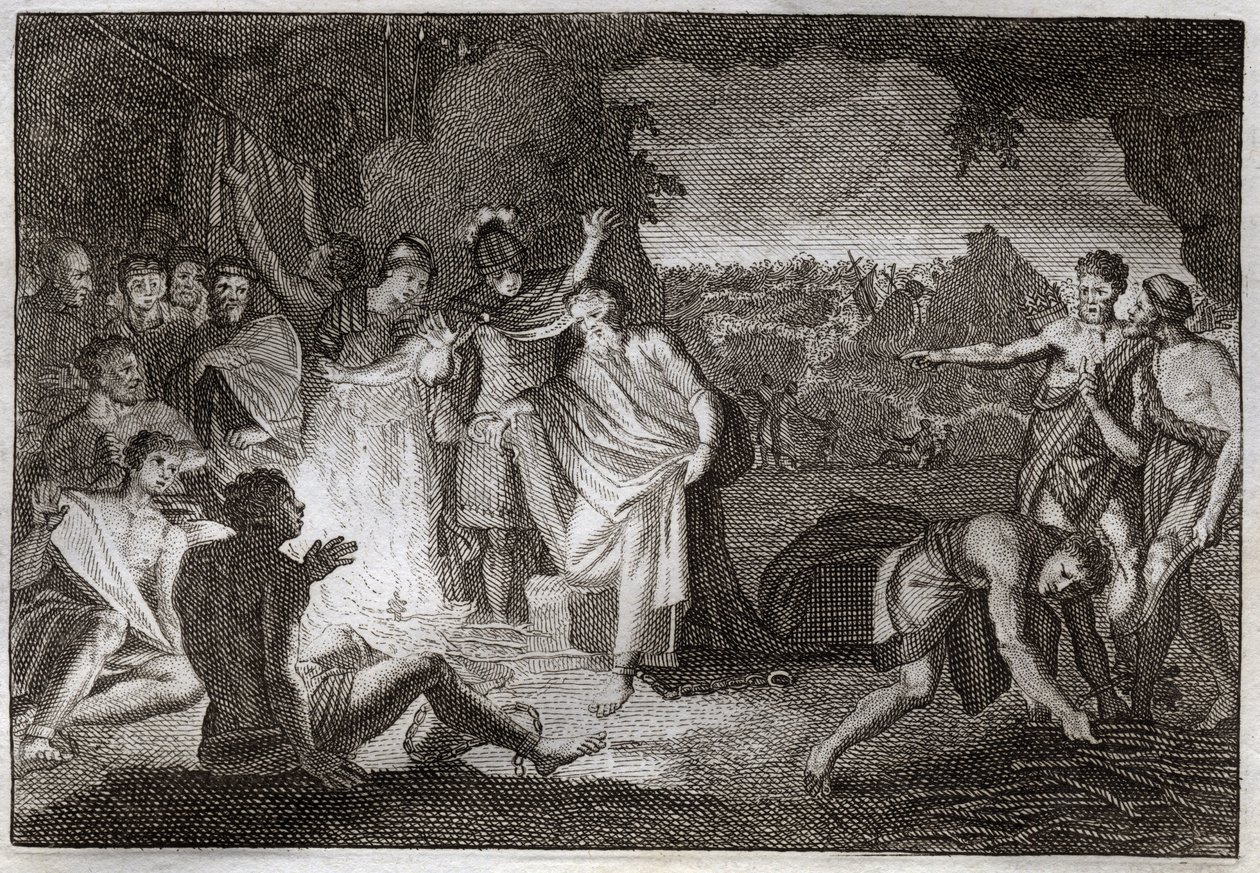 Royaumont-Bibel, Neues Testament: Schiffbruch des Heiligen Paulus. Er wird von einer Viper gebissen, ohne Schaden zu nehmen. Illustration von 1811. von Unknown artist