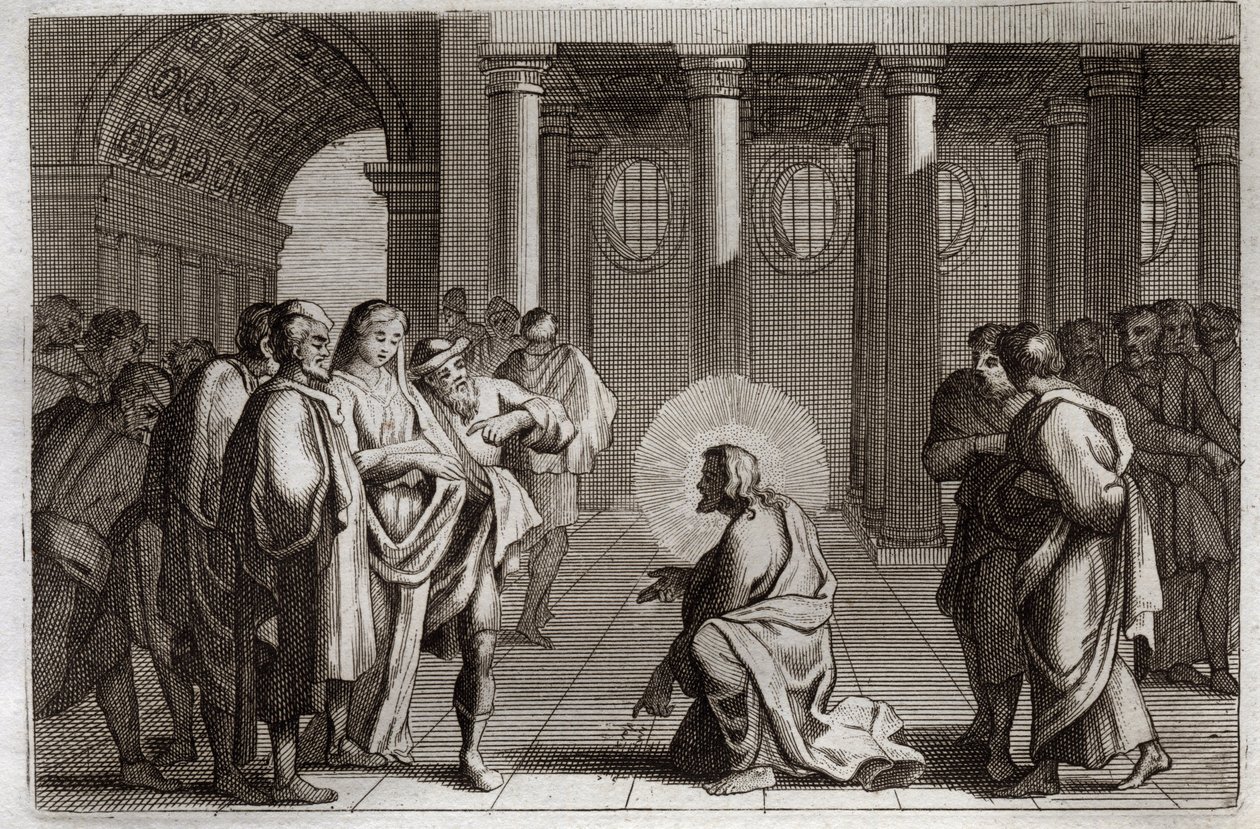 Royaumont-Bibel, Neues Testament: Die Ehebrecherin. Jesus Christus entzieht sich göttlich den Fallen, die die Juden ihm stellten, indem sie ihn fragten, was mit einer Frau geschehen solle, die beim Ehebruch ertappt wurde, und sagten: „Wer von euch ohne Sün von Unknown artist