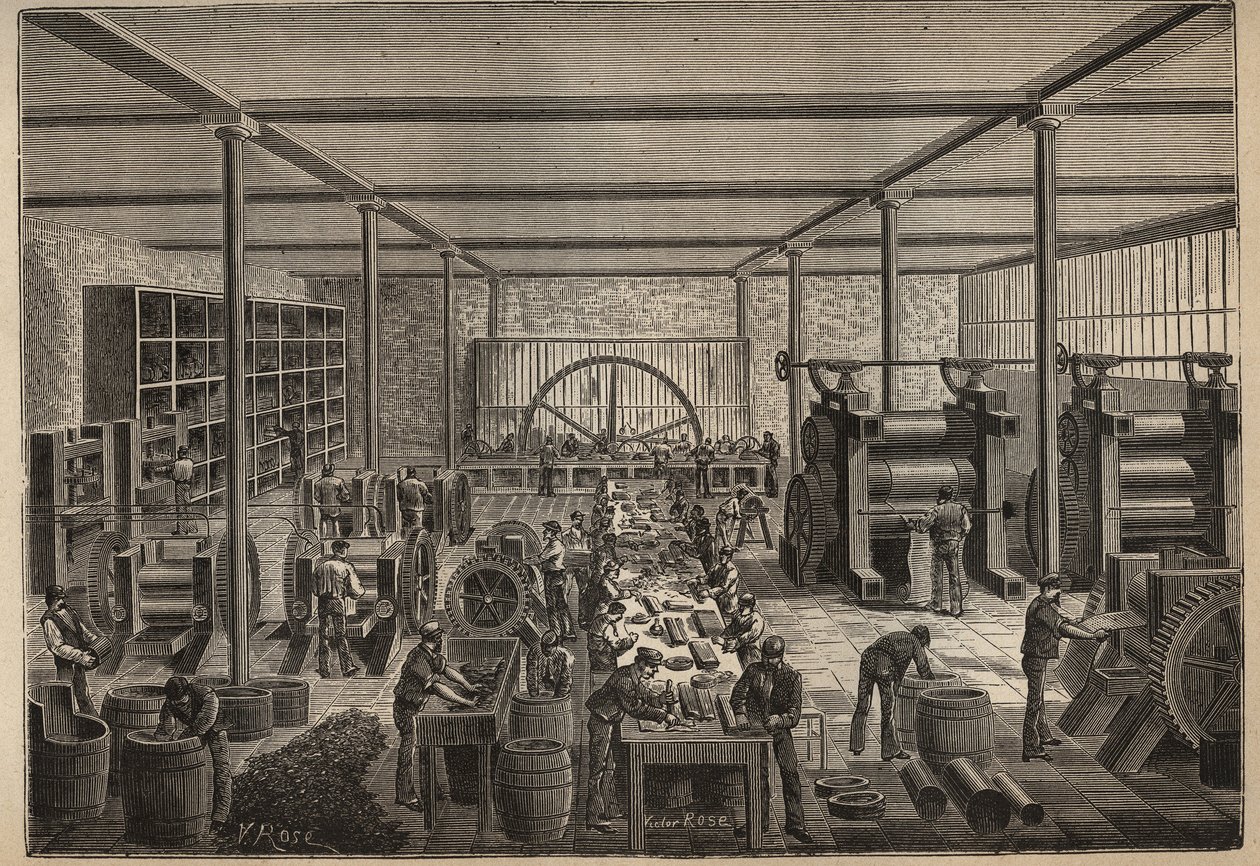 Gummi: Gummifabrik. Gravur von 1885 in „Les arts et métiers illustrés“ von Adolphe Bitard. von Unknown artist